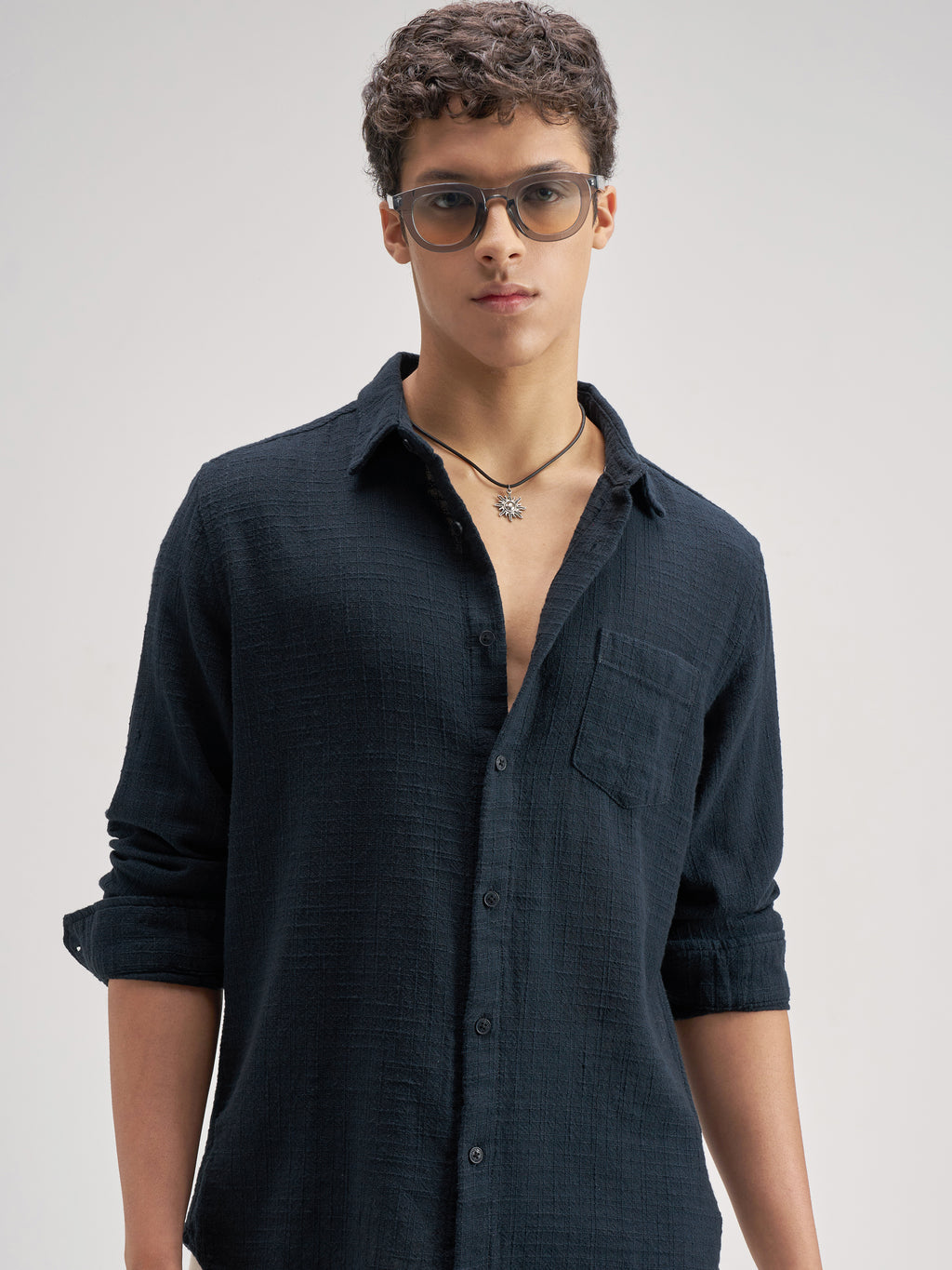 Highlander Men Navy Blue Self Design Regular Fit Casual Shirt - Navy Blue - Image 1