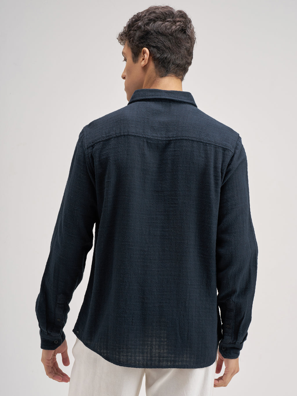 Highlander Men Navy Blue Self Design Regular Fit Casual Shirt - Navy Blue - Image 3