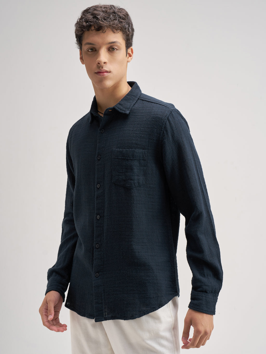 Highlander Men Navy Blue Self Design Regular Fit Casual Shirt - Navy Blue - Image 4