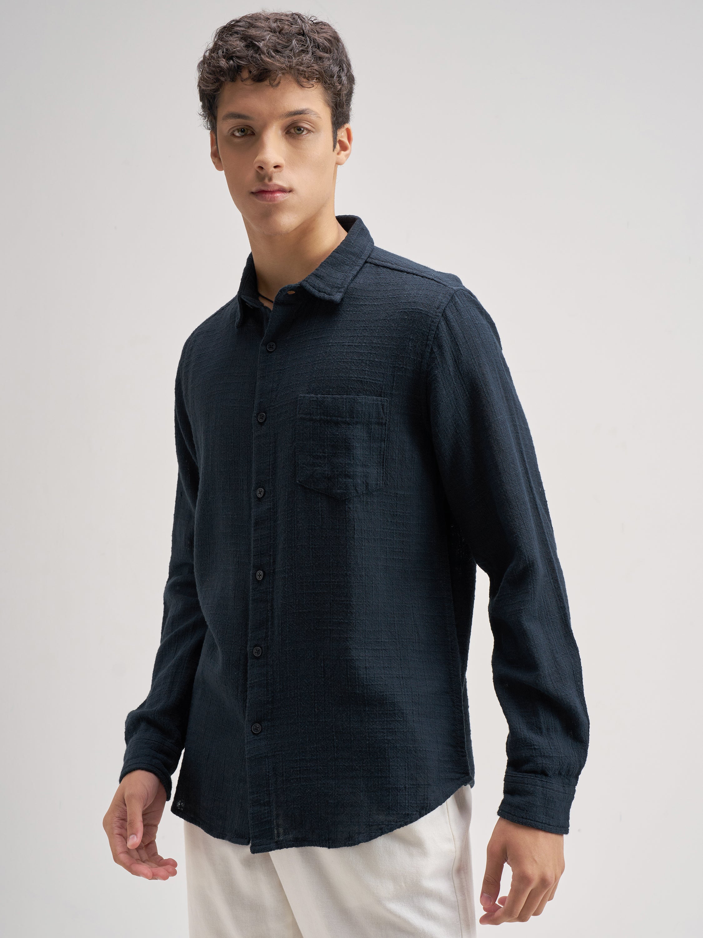 Highlander Men Navy Blue Self Design Regular Fit Casual Shirt - Navy Blue - Image 4