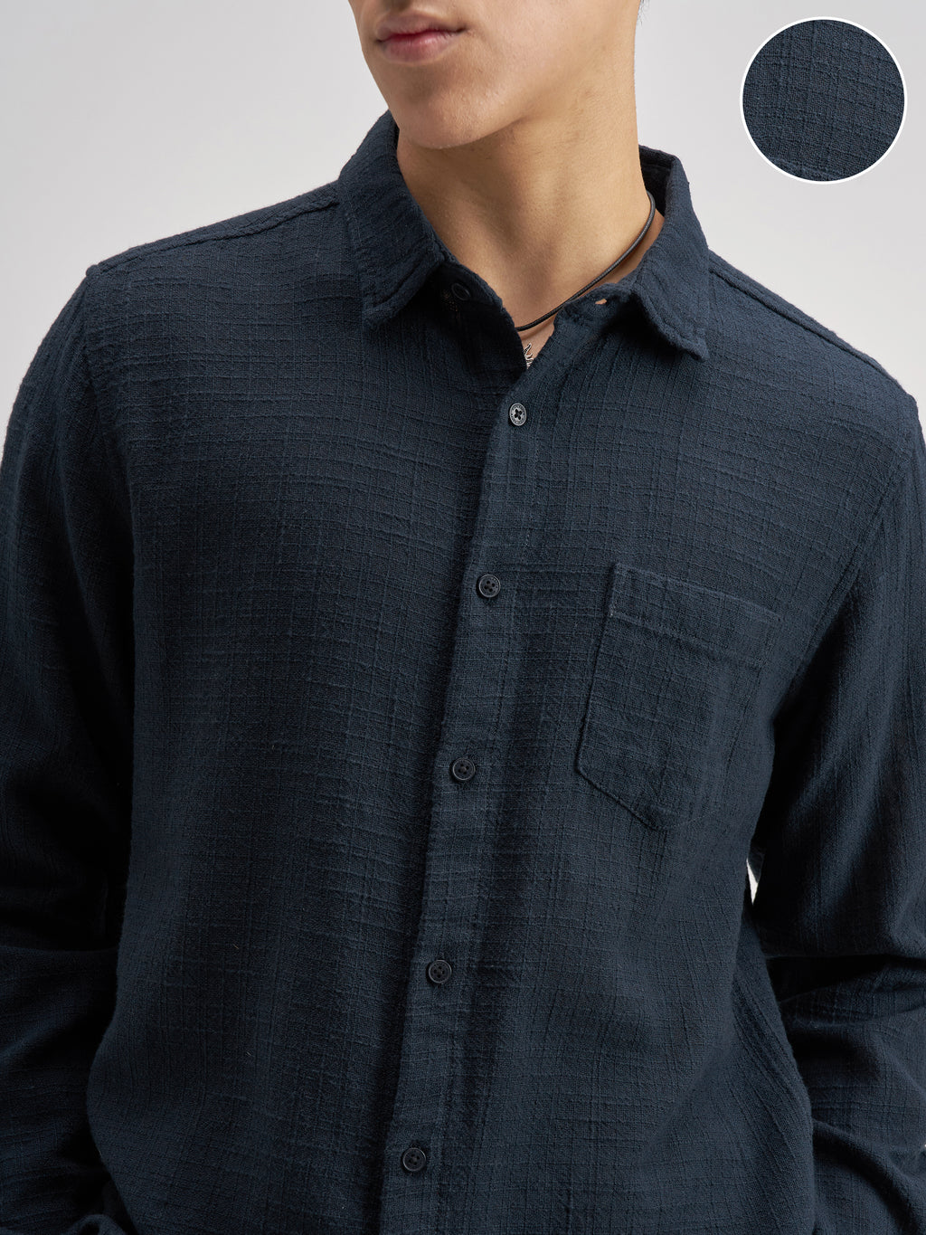 Highlander Men Navy Blue Self Design Regular Fit Casual Shirt - Navy Blue - Image 5