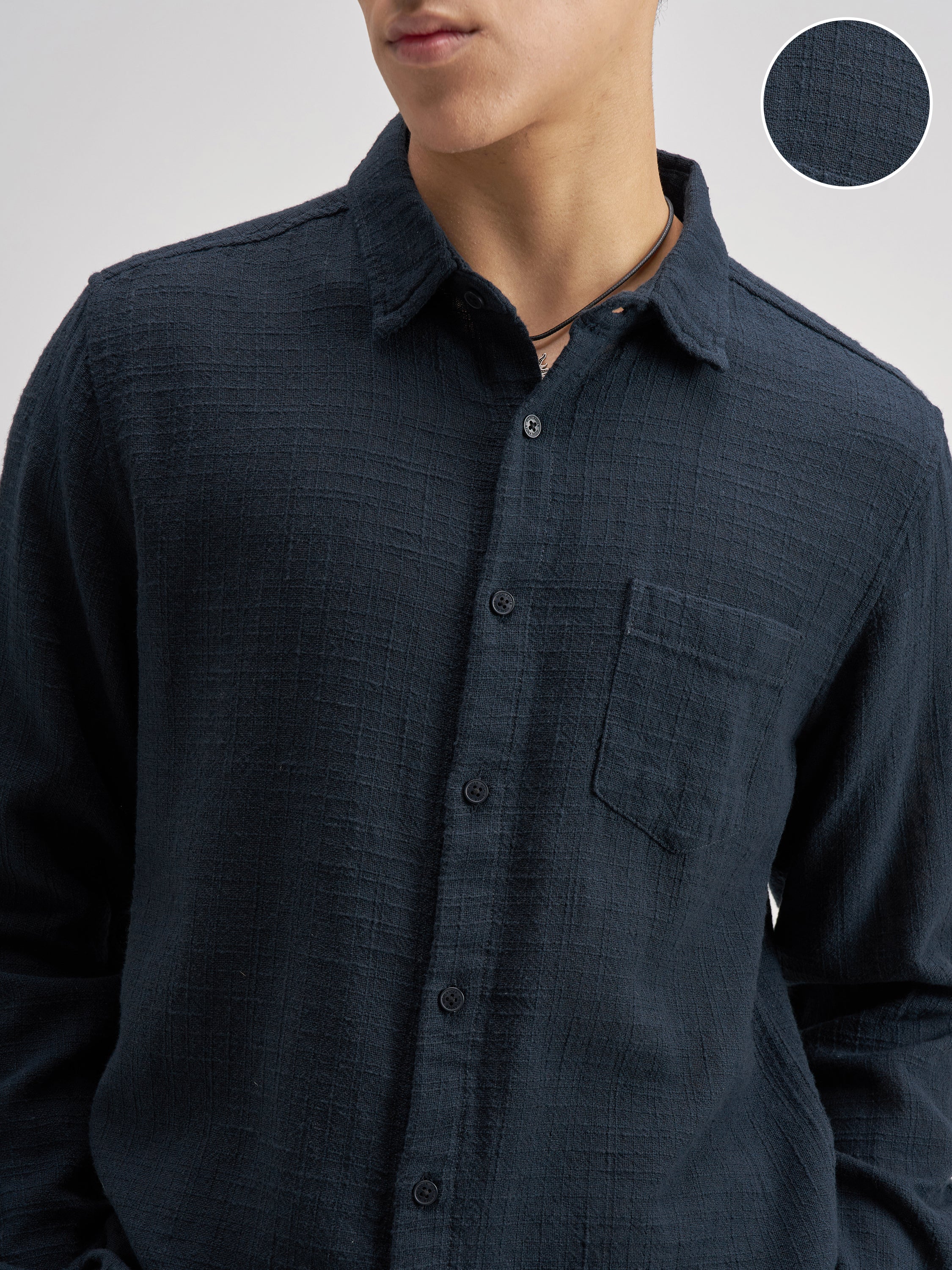 Highlander Men Navy Blue Self Design Regular Fit Casual Shirt - Navy Blue - Image 5
