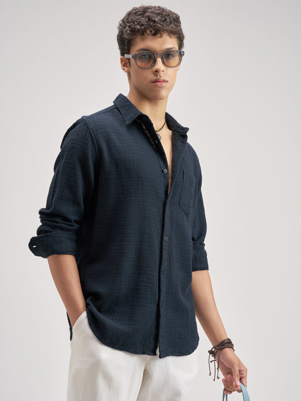 Highlander Men Navy Blue Self Design Regular Fit Casual Shirt - Navy Blue - Image 6