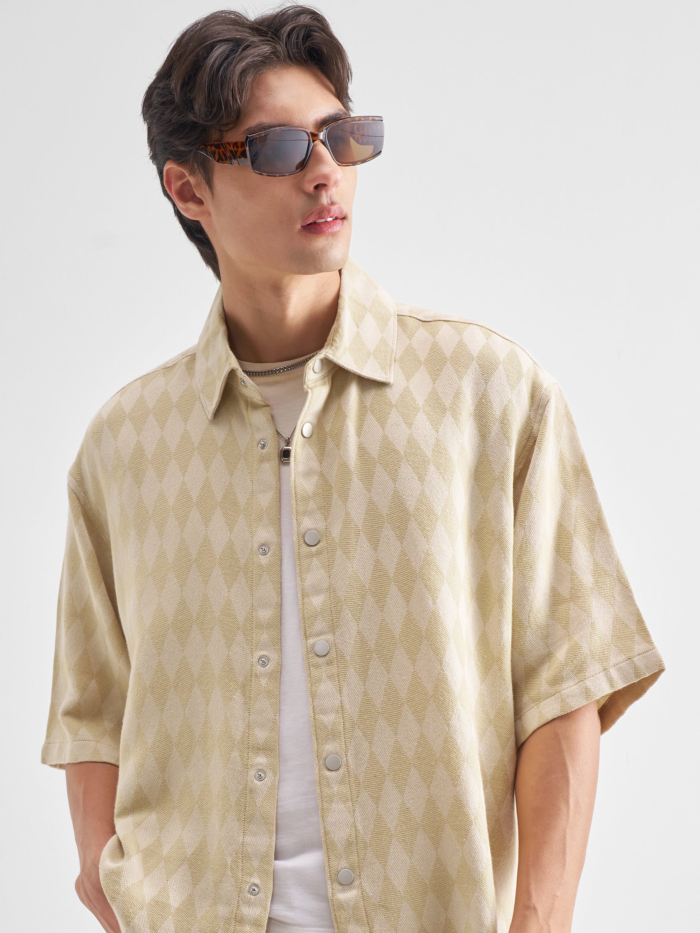 Highlander Men Beige Self Design Oversized Fit Casual Shirt - Beige - Image 1