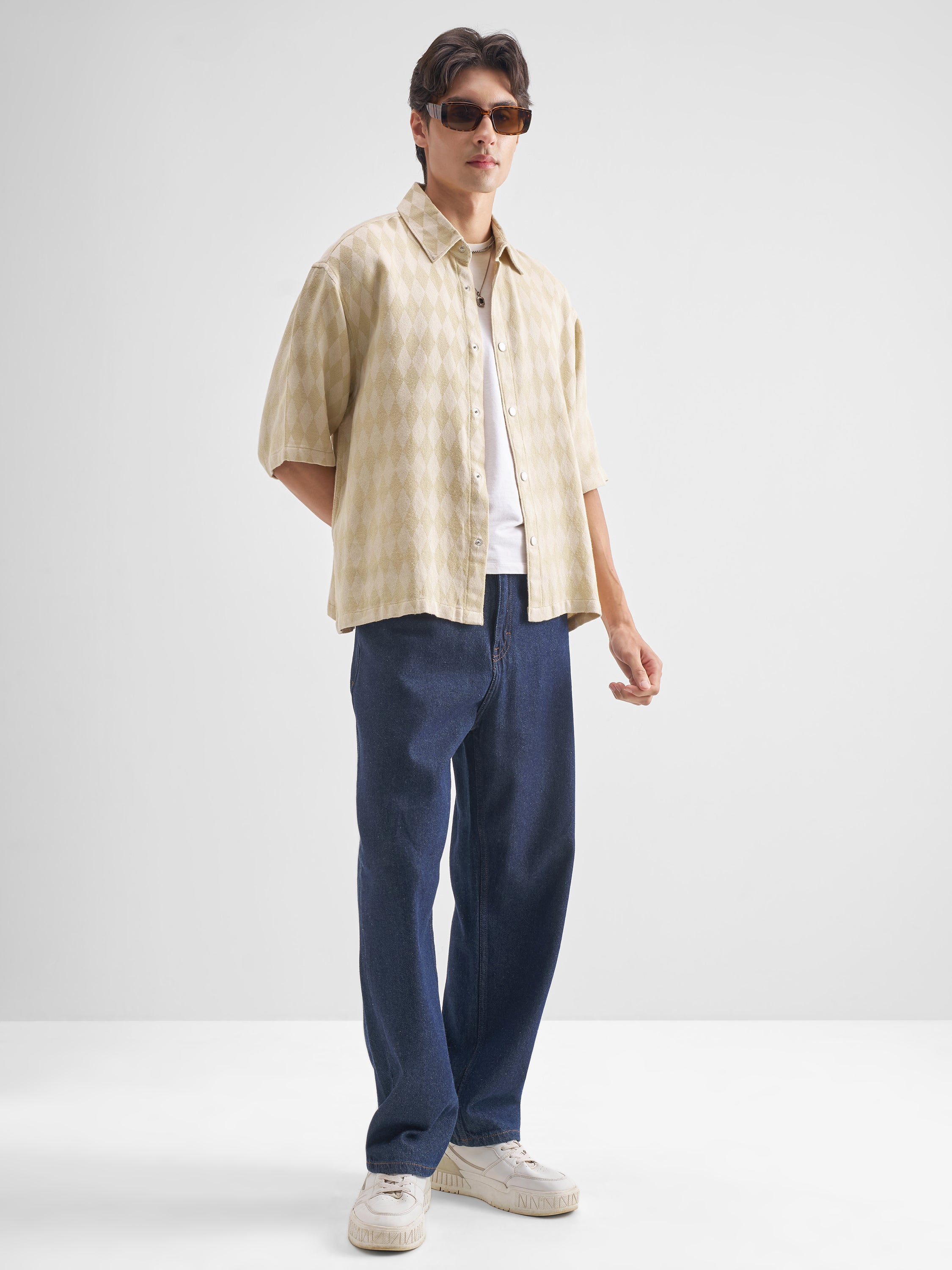 Highlander Men Beige Self Design Oversized Fit Casual Shirt - Beige - Image 2