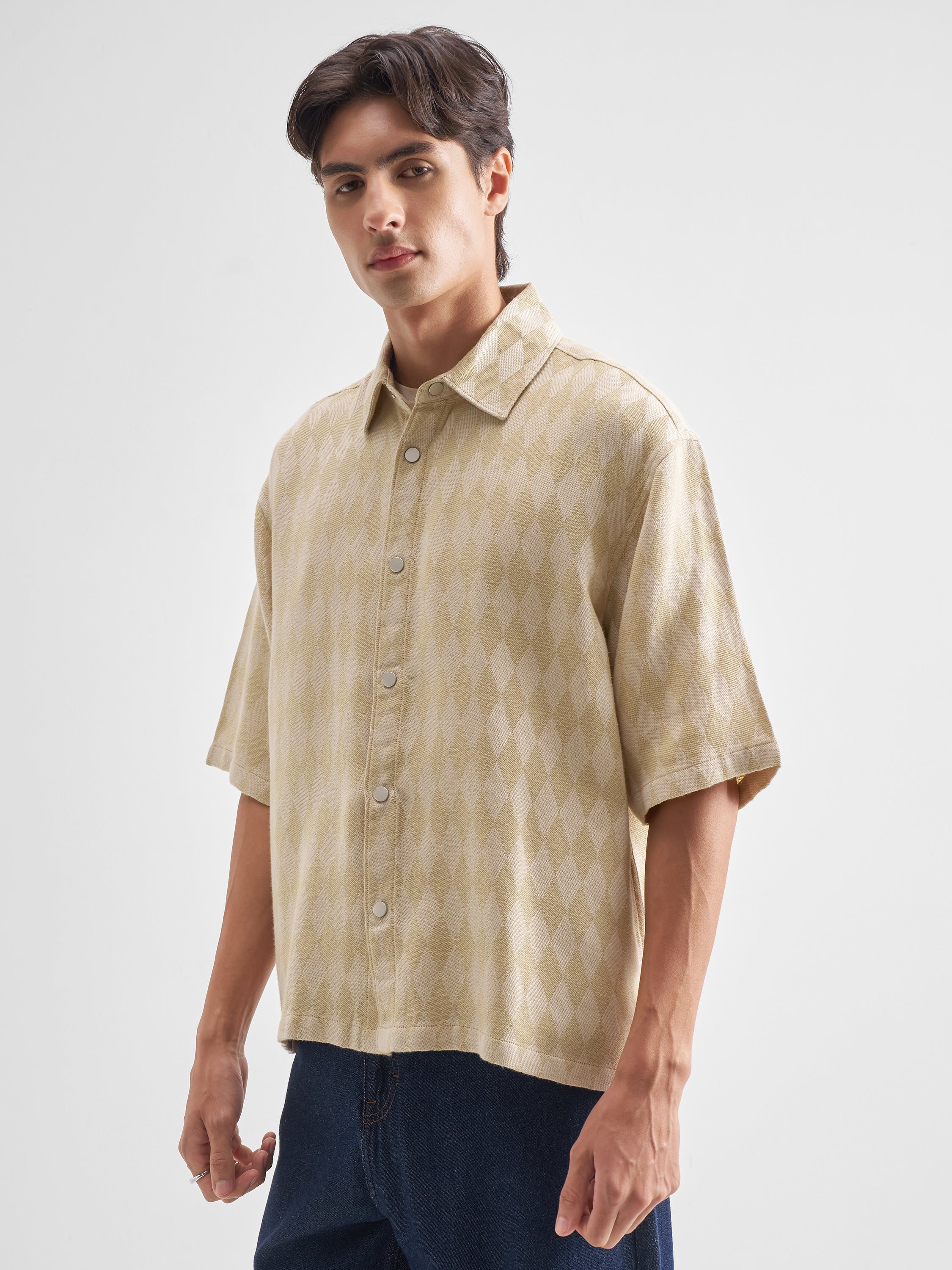 Highlander Men Beige Self Design Oversized Fit Casual Shirt - Beige - Image 4