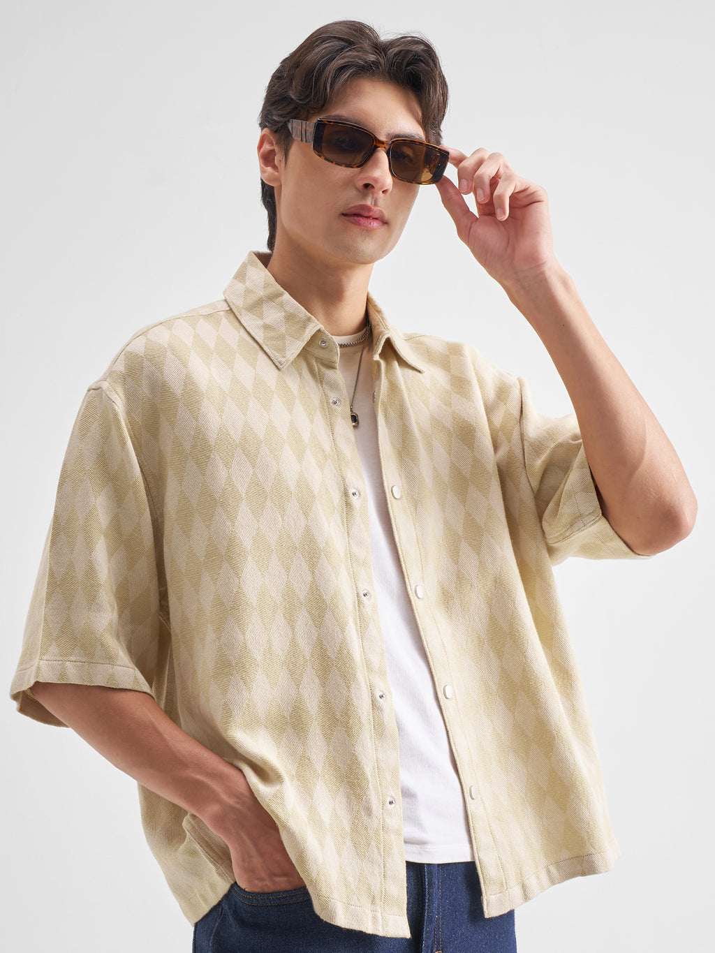 Highlander Men Beige Self Design Oversized Fit Casual Shirt - Beige - Image 6