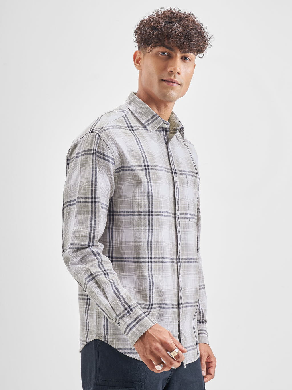 Highlander Men Grey Checked Relaxed Fit Casual Shirt - Grey - Image 6