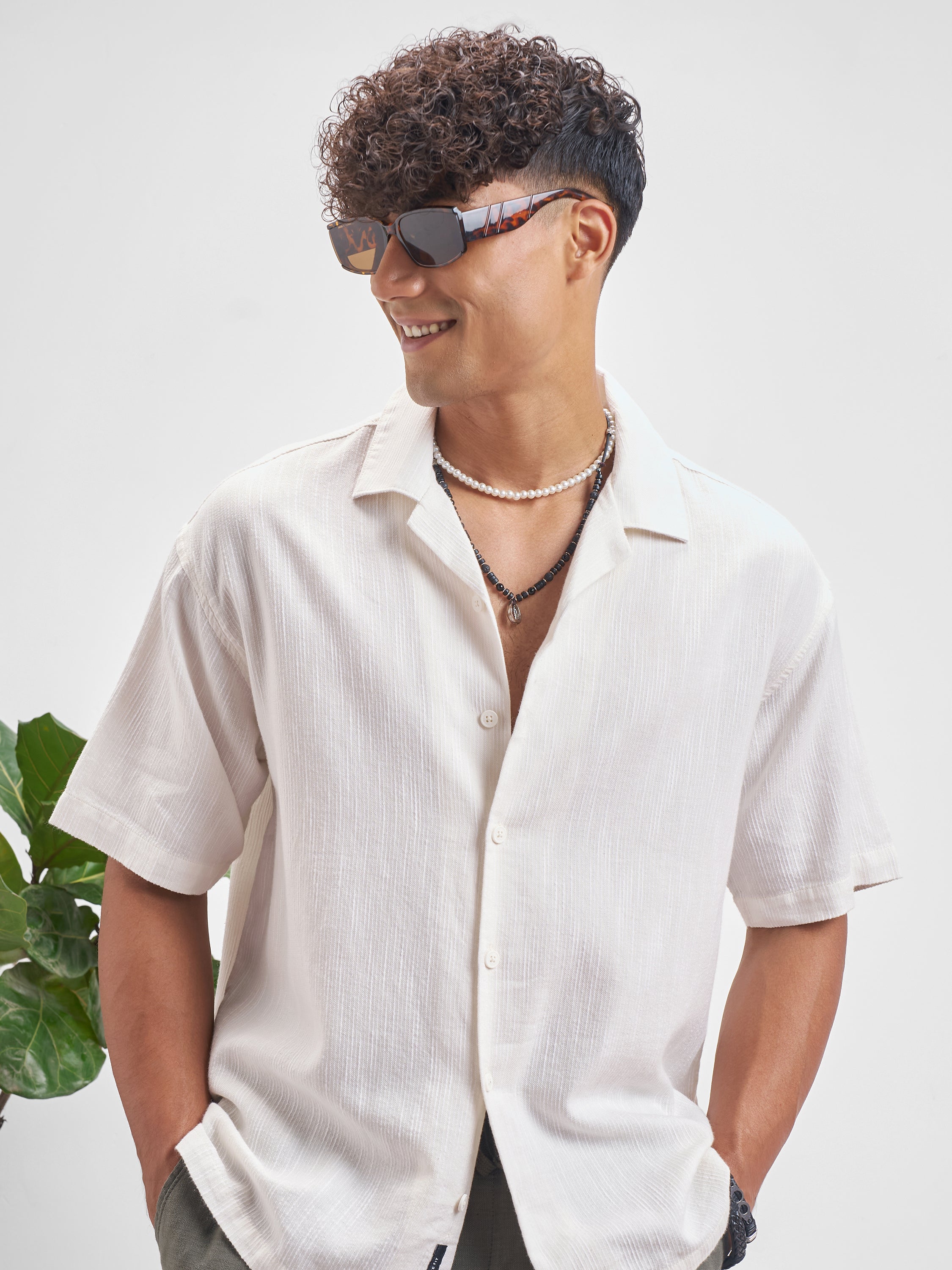 Highlander Men White Self Design Oversized Fit Casual Shirt - White - Image 1