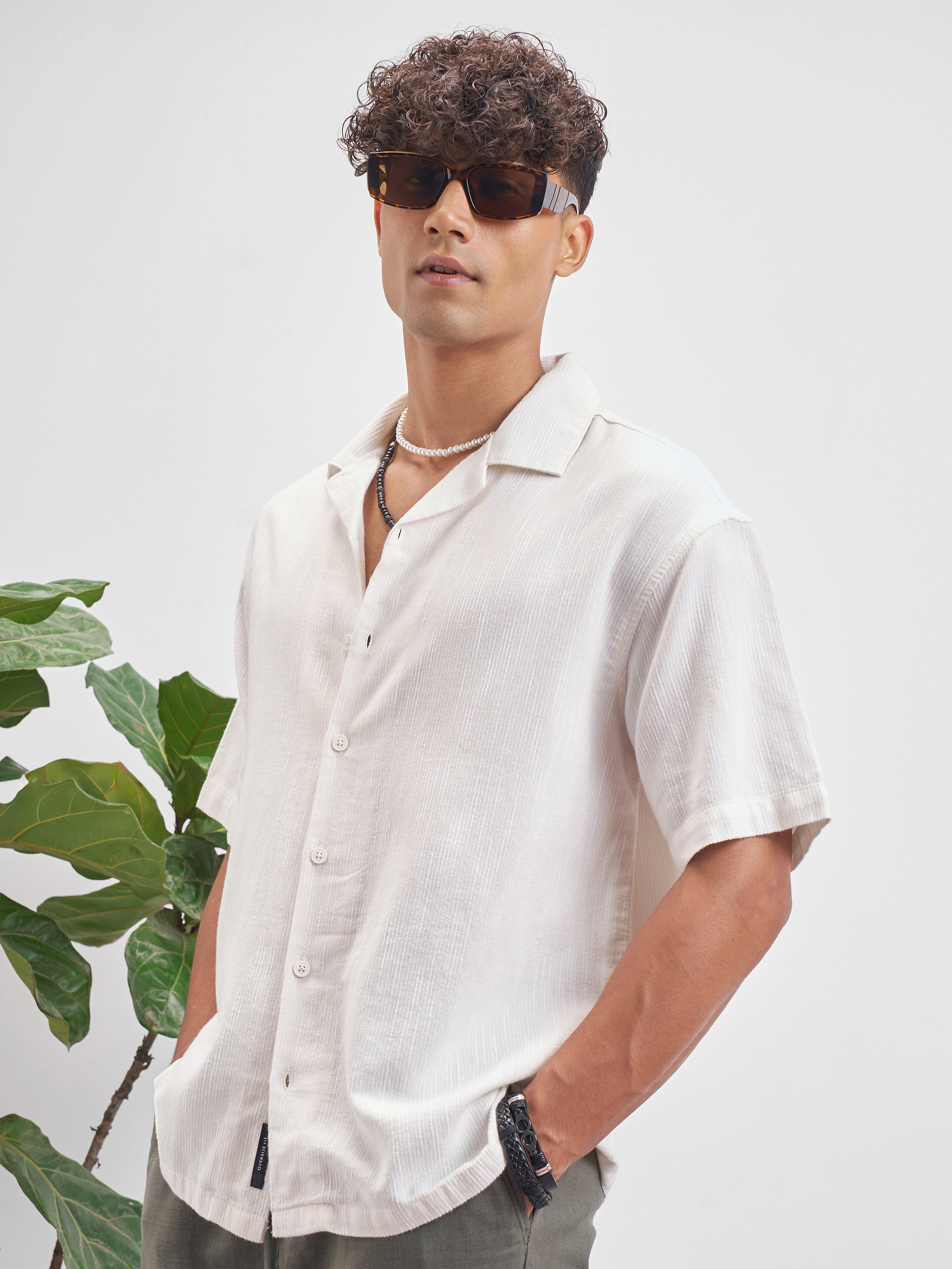 Highlander Men White Self Design Oversized Fit Casual Shirt - White - Image 4