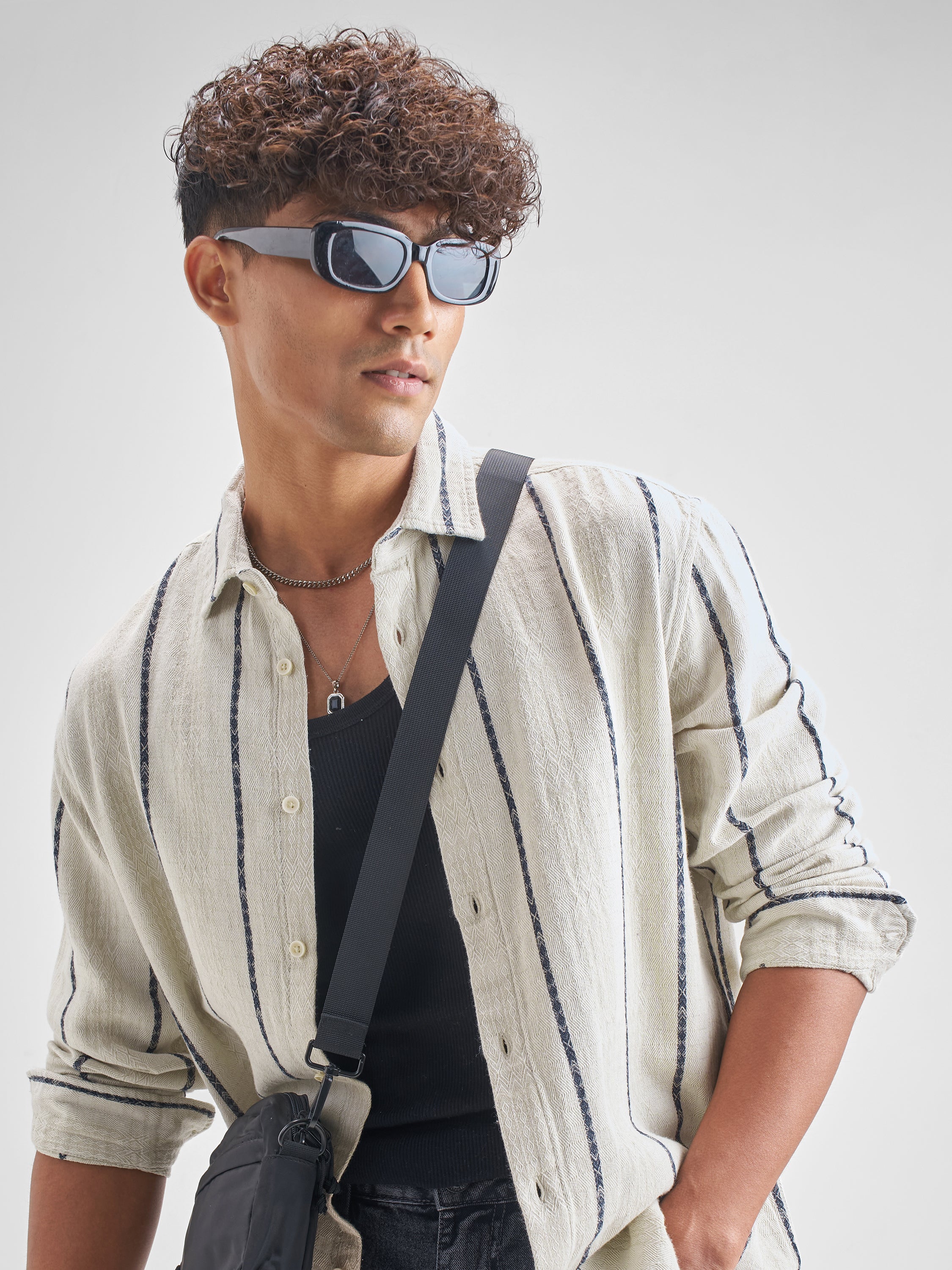 Highlander Men Off White Striped Relaxed Fit Casual Shirt - Off White - Image 1