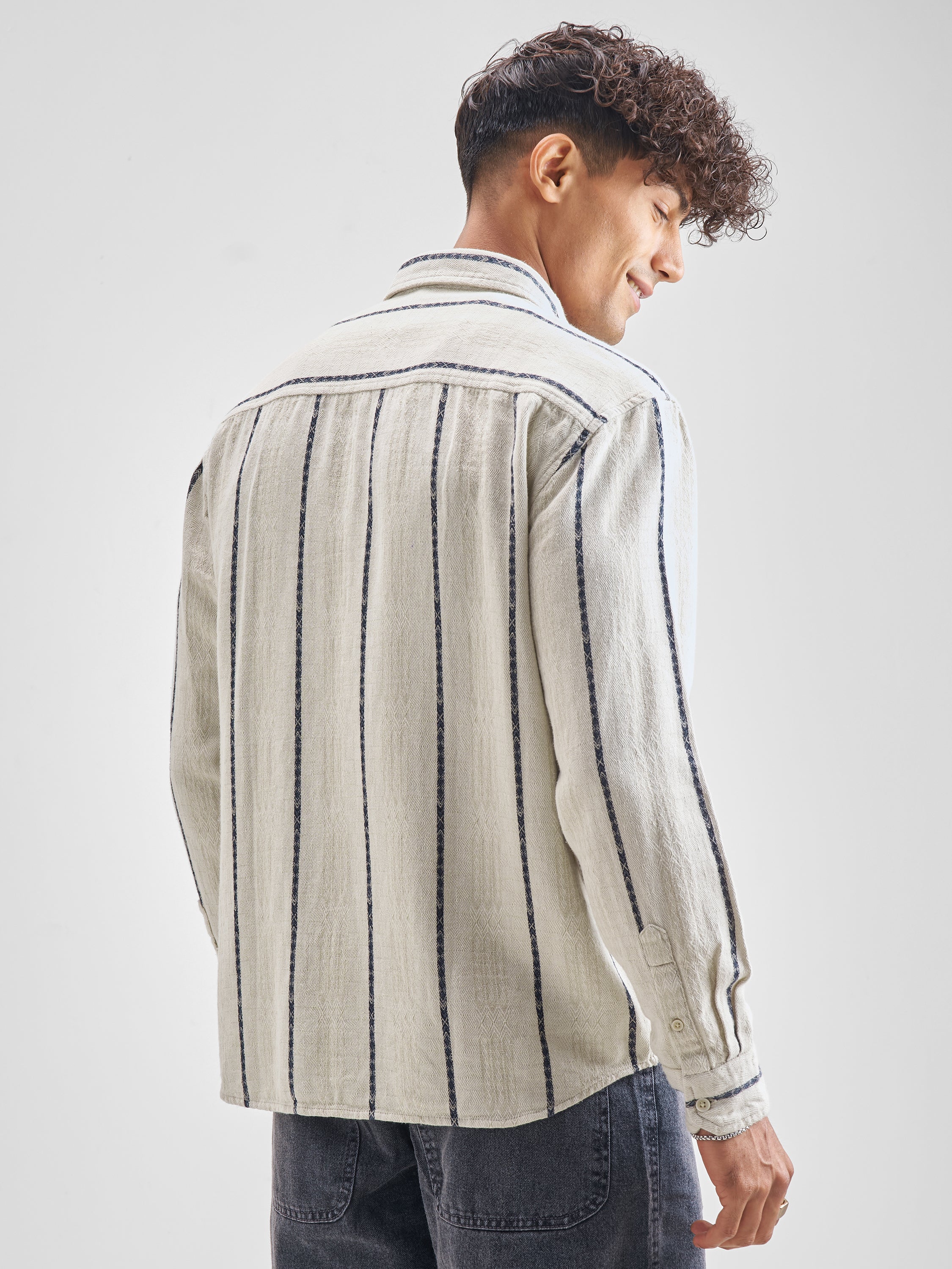 Highlander Men Off White Striped Relaxed Fit Casual Shirt - Off White - Image 3