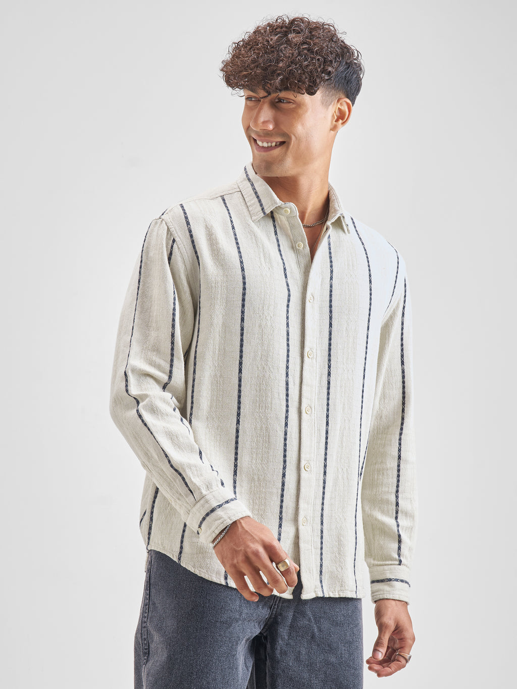 Highlander Men Off White Striped Relaxed Fit Casual Shirt - Off White - Image 6