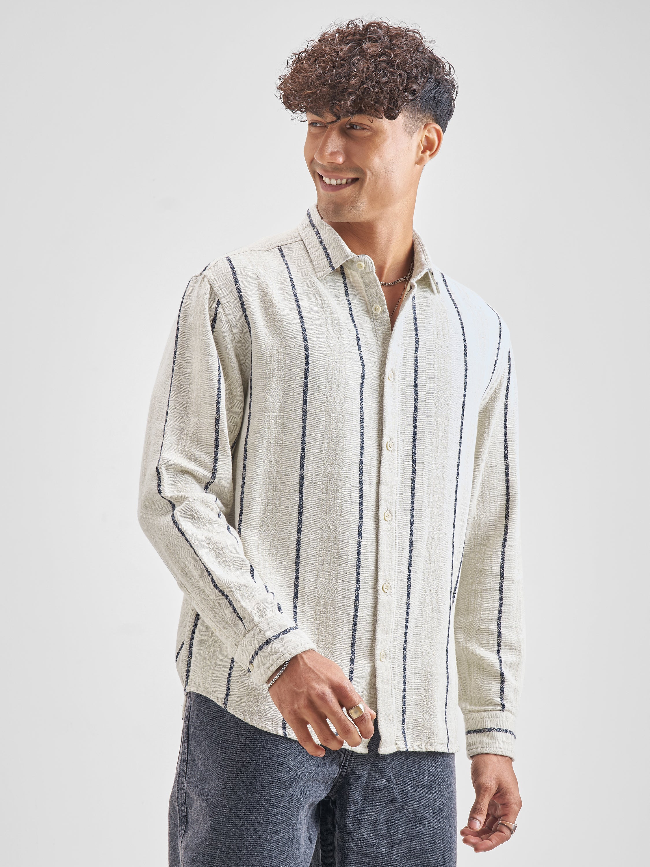 Highlander Men Off White Striped Relaxed Fit Casual Shirt - Off White - Image 6