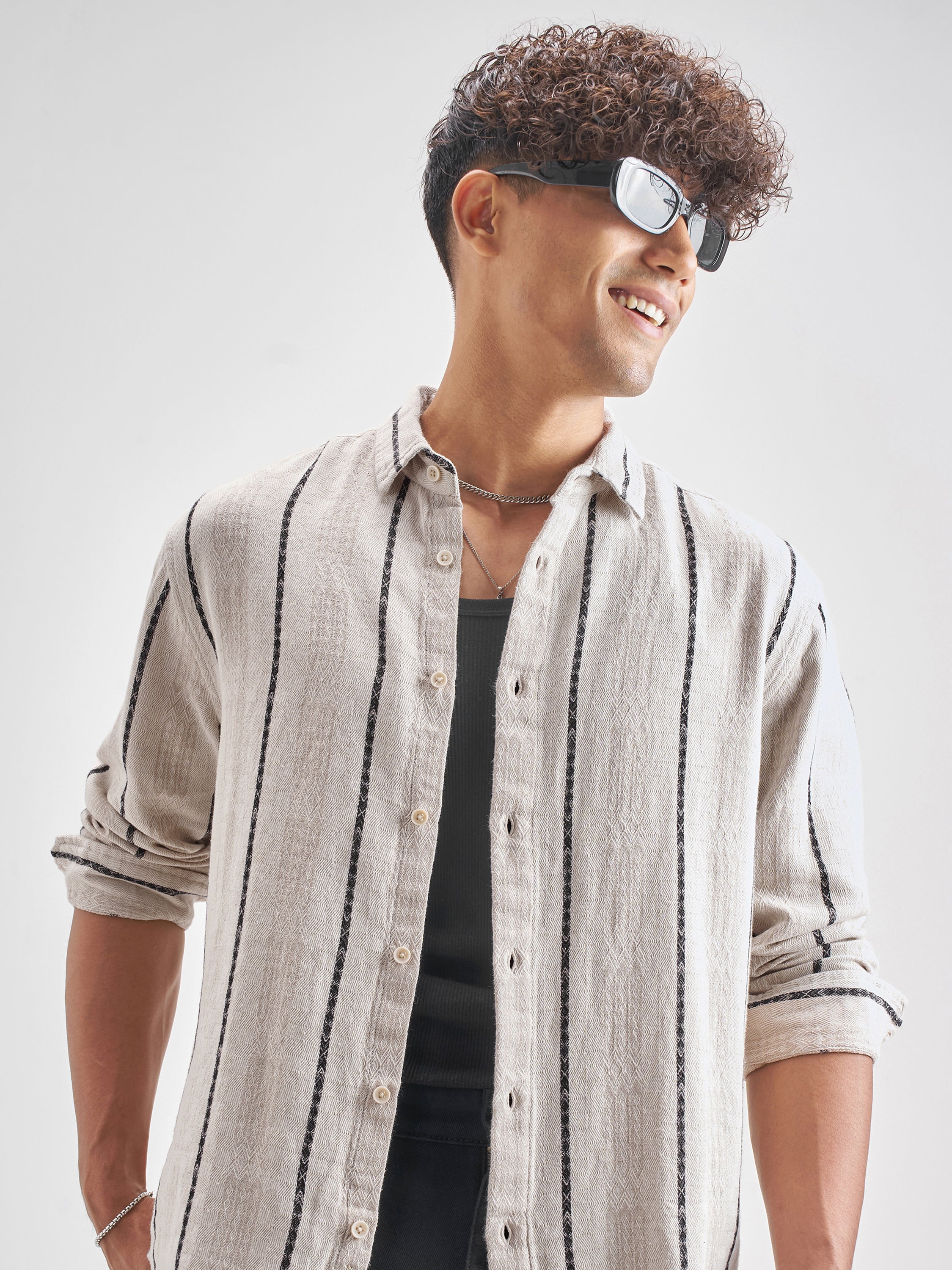 Highlander Men Beige Striped Relaxed Fit Casual Shirt - Beige - Image 1