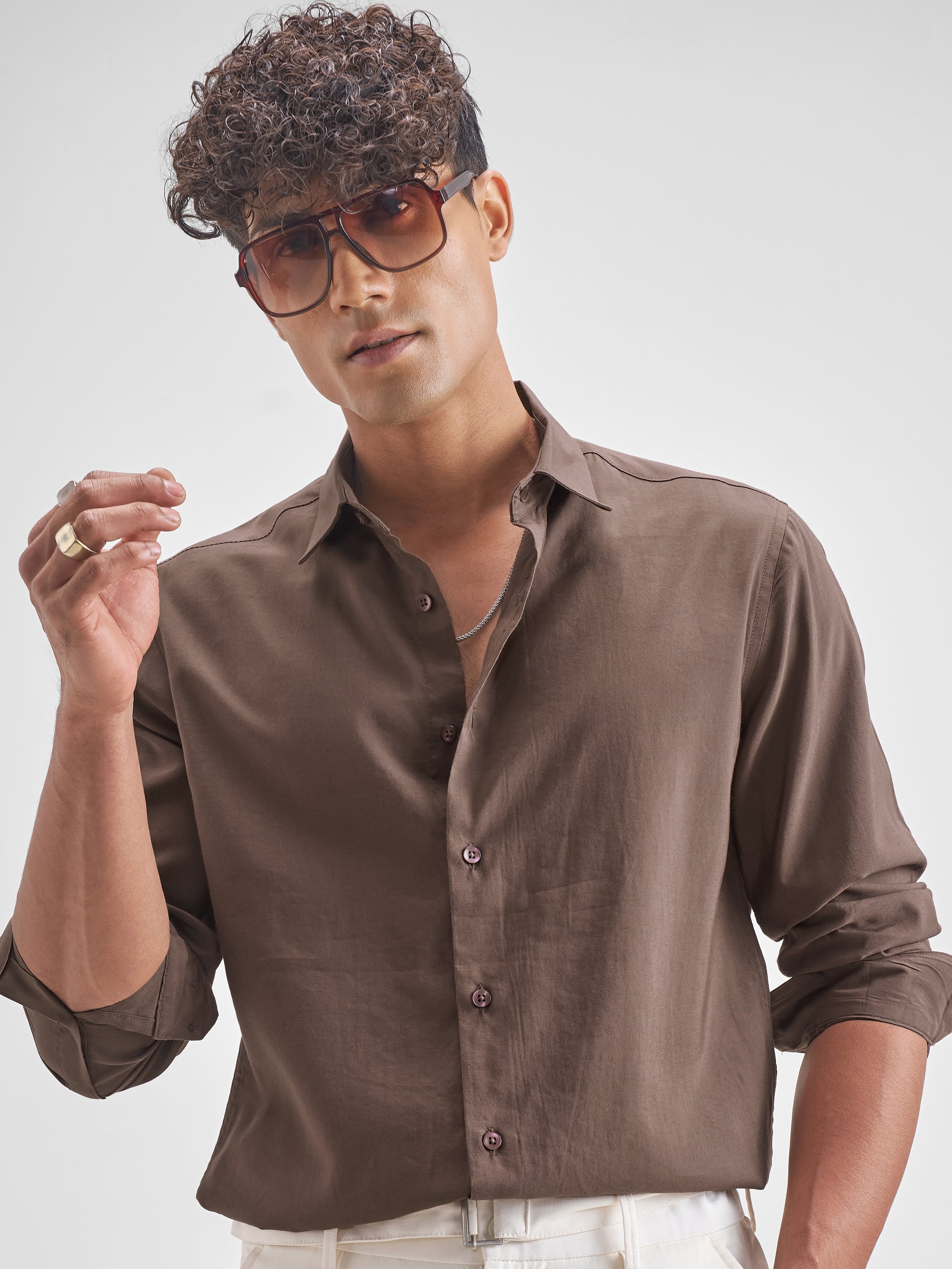 Highlander Men Brown Solid Slim Fit Casual Shirt - Brown - Image 1