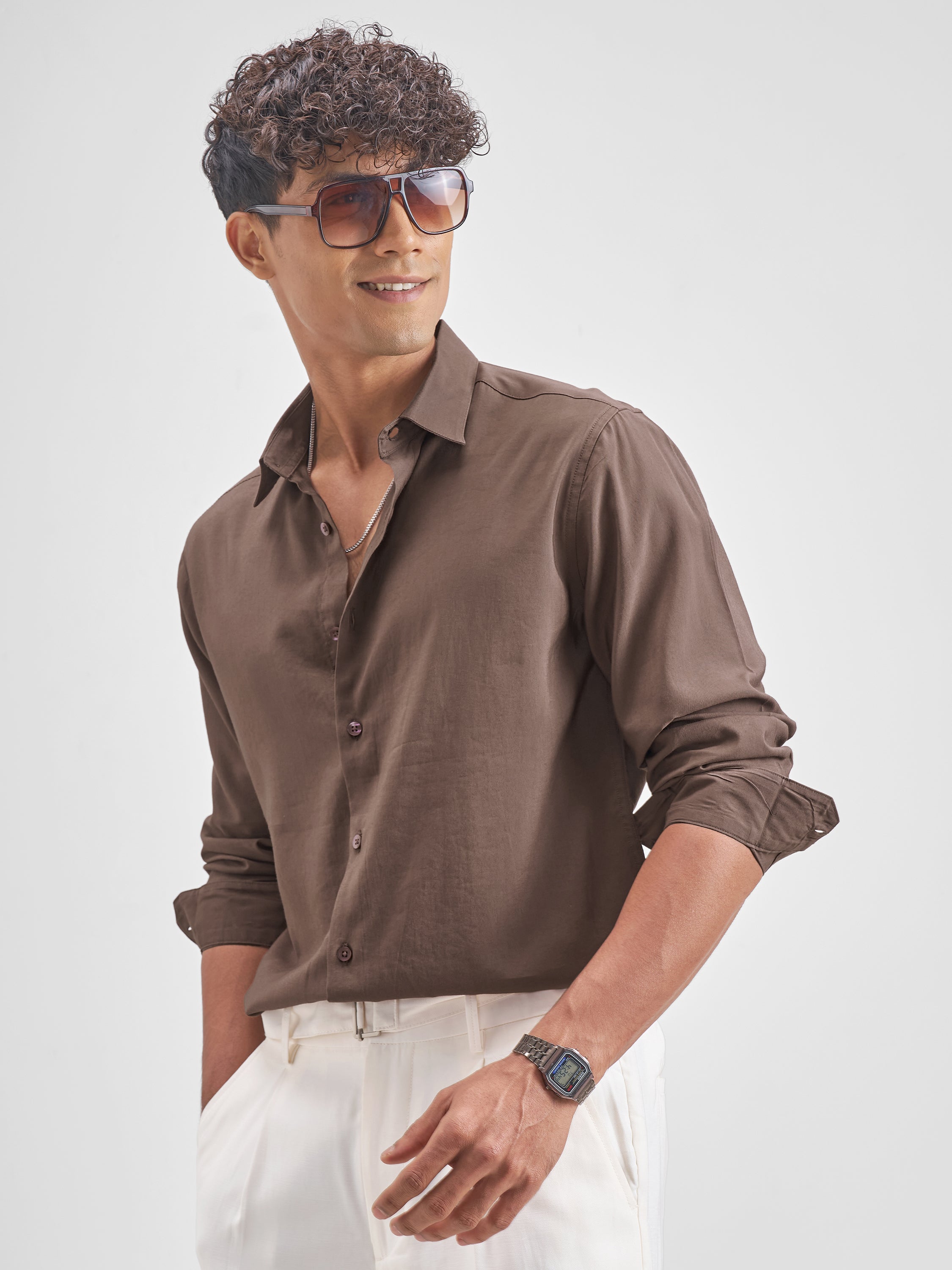 Highlander Men Brown Solid Slim Fit Casual Shirt - Brown - Image 4