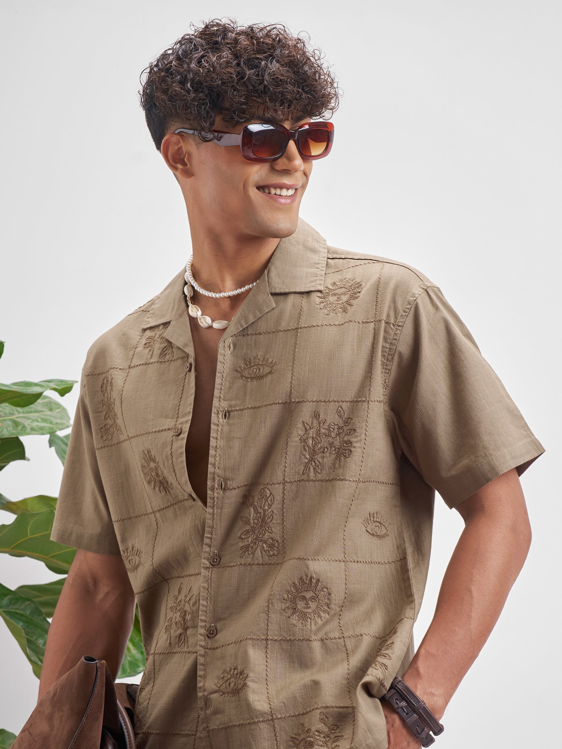 Highlander Men Brown Embroidered Relaxed Fit Casual Shirt - Brown - Image 1