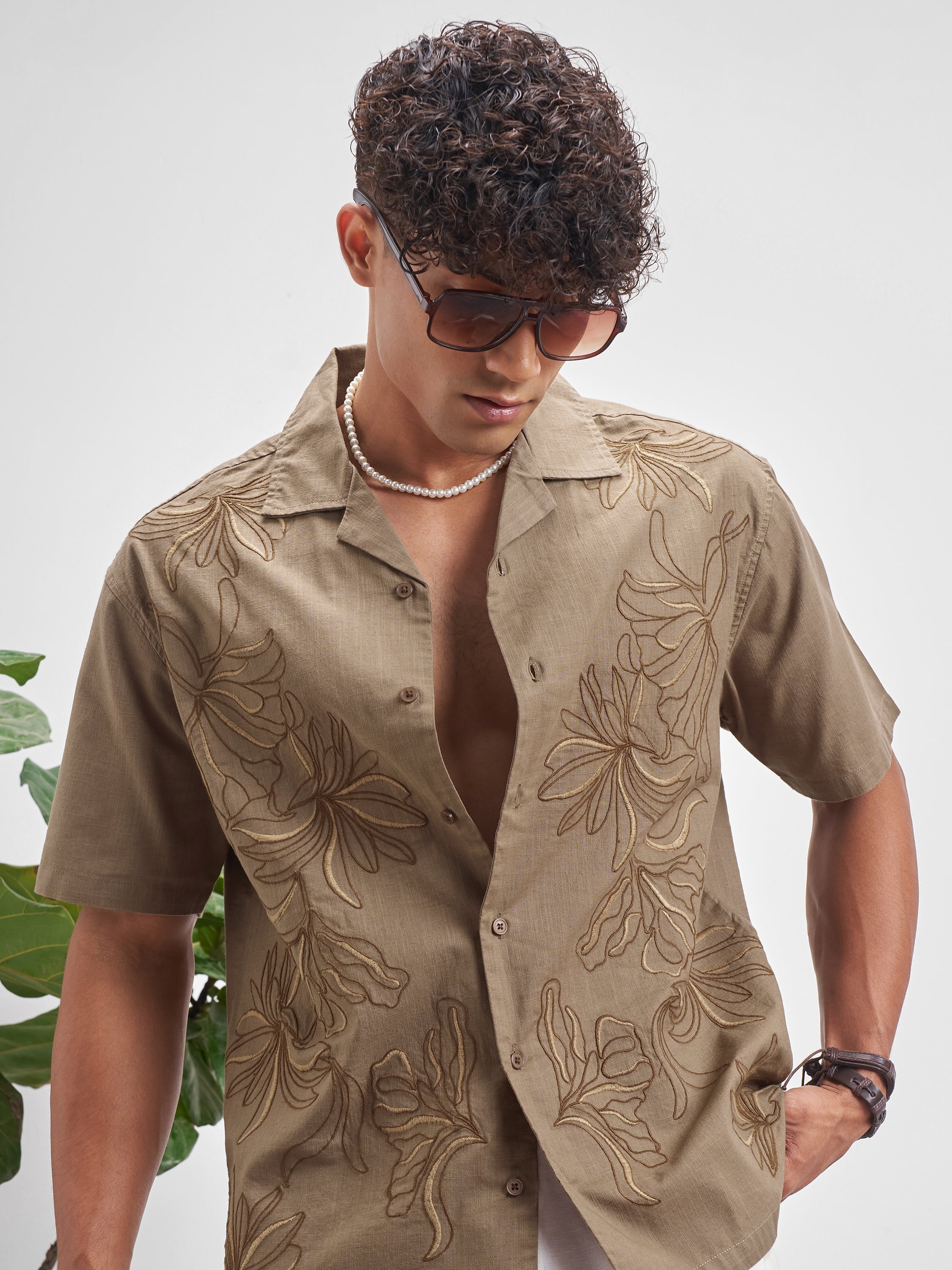 Highlander Men Brown Embroidered Relaxed Fit Casual Shirt - Brown - Image 1