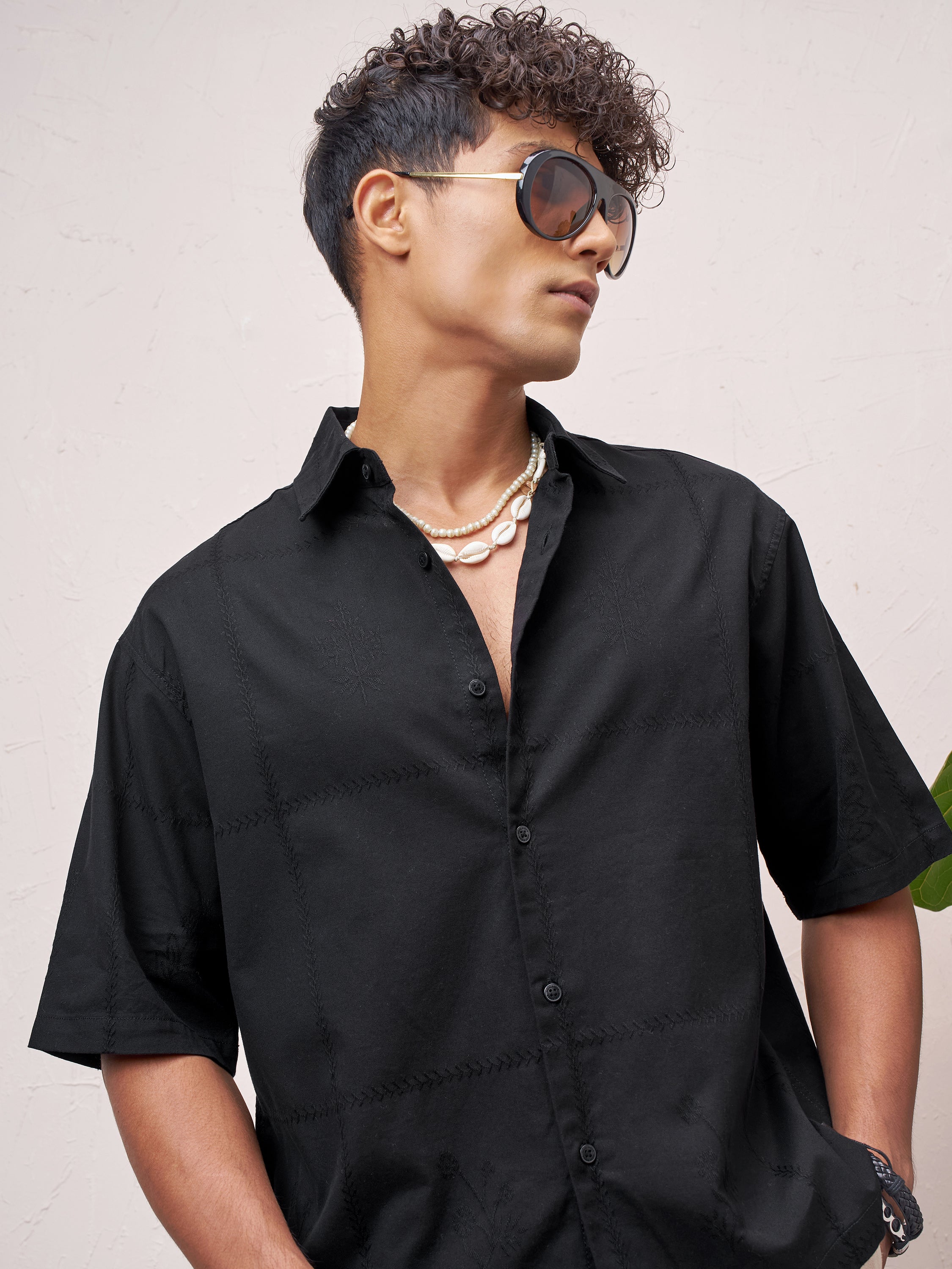 Highlander Men Black Self Design Boxy Fit Casual Shirt - Black - Image 1