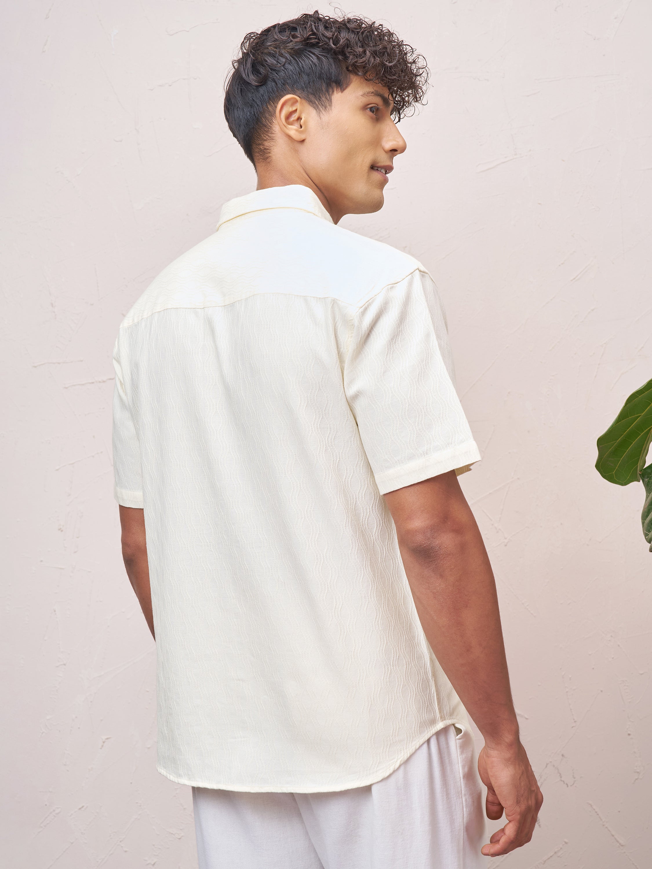 Highlander Men Cream Self Design Relaxed Fit Casual Shirt - Cream - Image 3