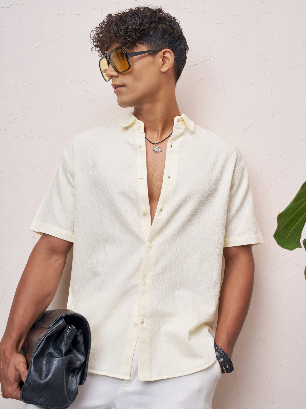 Highlander Men Cream Self Design Relaxed Fit Casual Shirt - Cream - Image 4