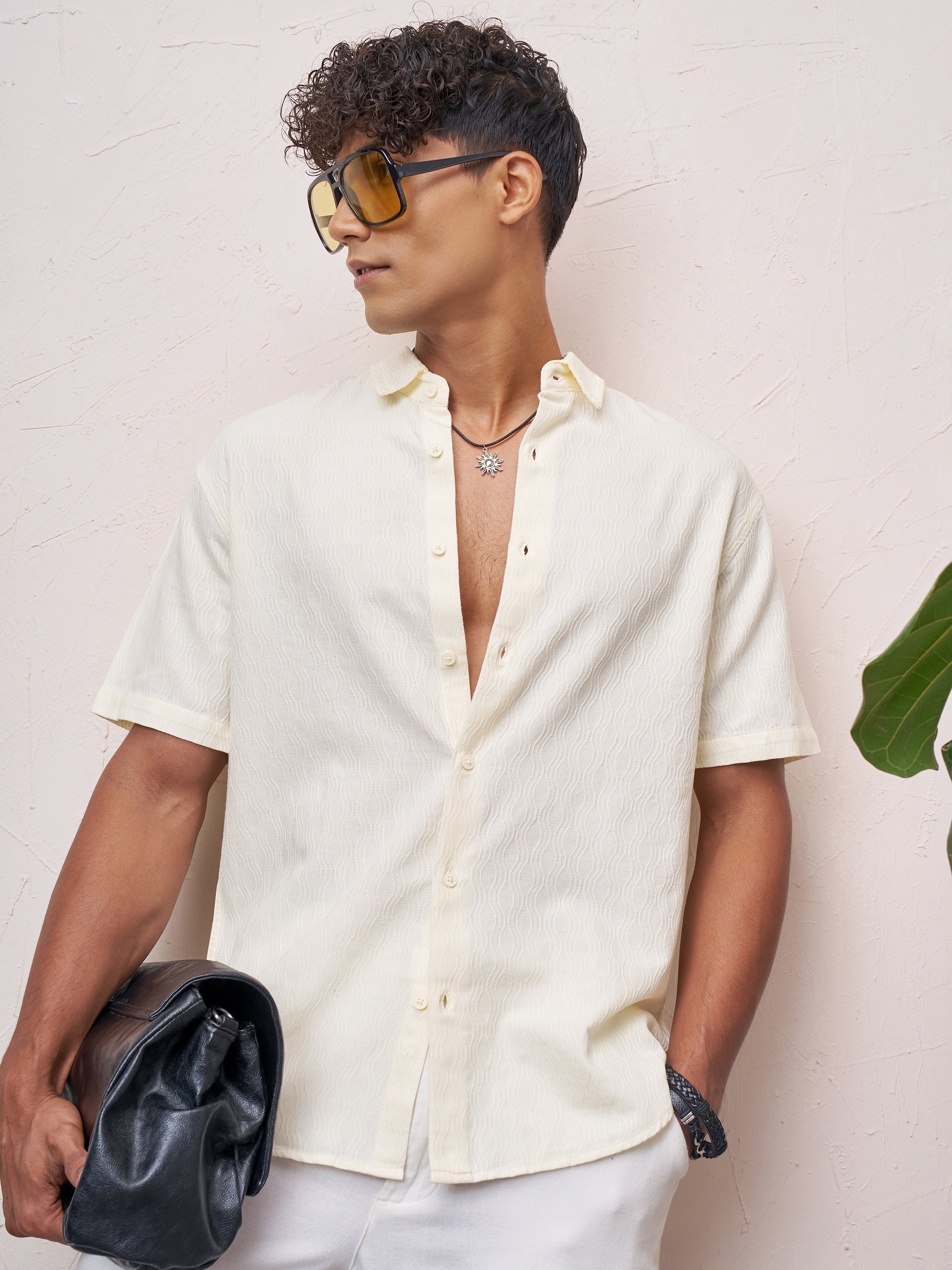 Highlander Men Cream Self Design Relaxed Fit Casual Shirt - Cream - Image 4