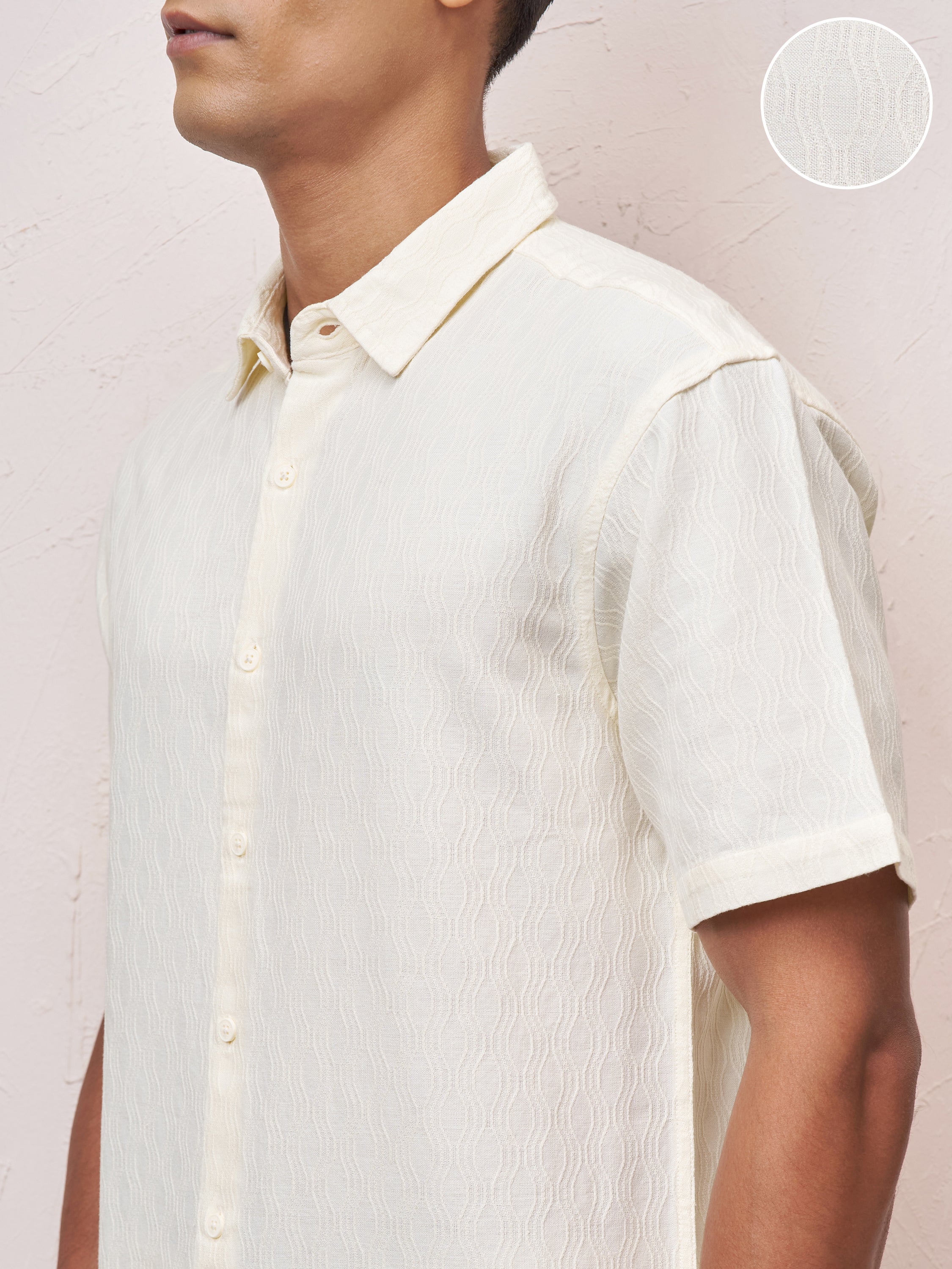 Highlander Men Cream Self Design Relaxed Fit Casual Shirt - Cream - Image 5