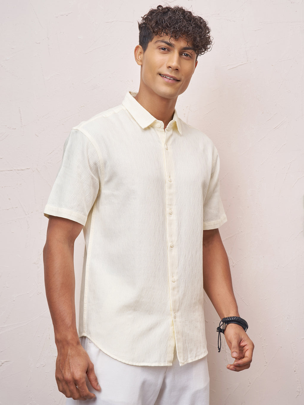 Highlander Men Cream Self Design Relaxed Fit Casual Shirt - Cream - Image 6