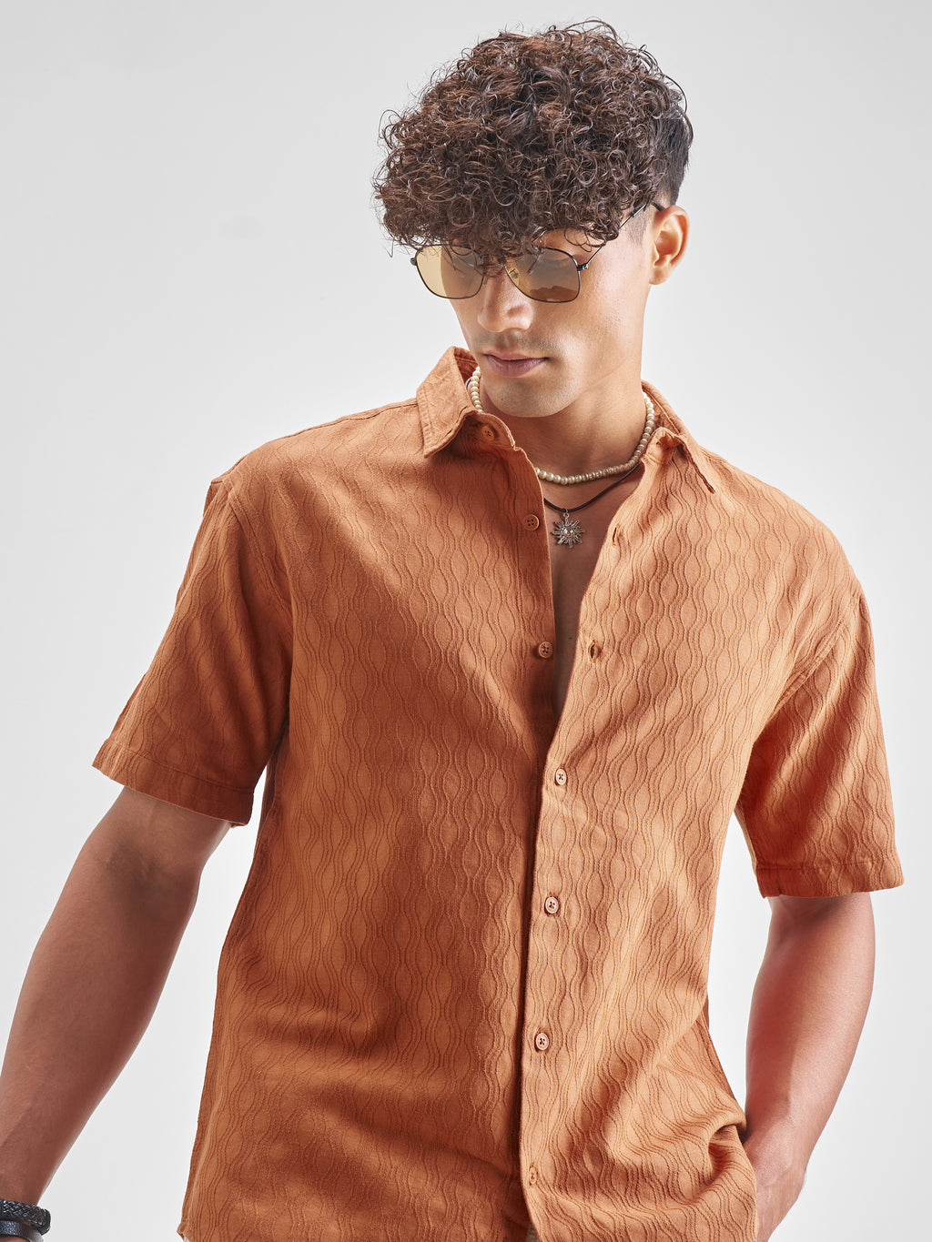 Highlander Men Rust Self Design Relaxed Fit Casual Shirt - Rust - Image 1