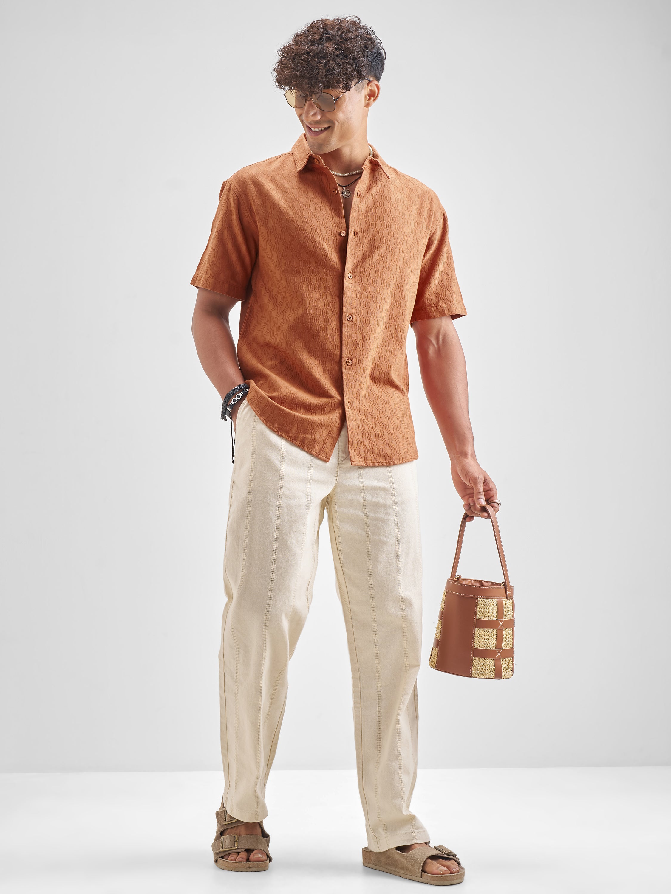 Highlander Men Rust Self Design Relaxed Fit Casual Shirt - Rust - Image 2