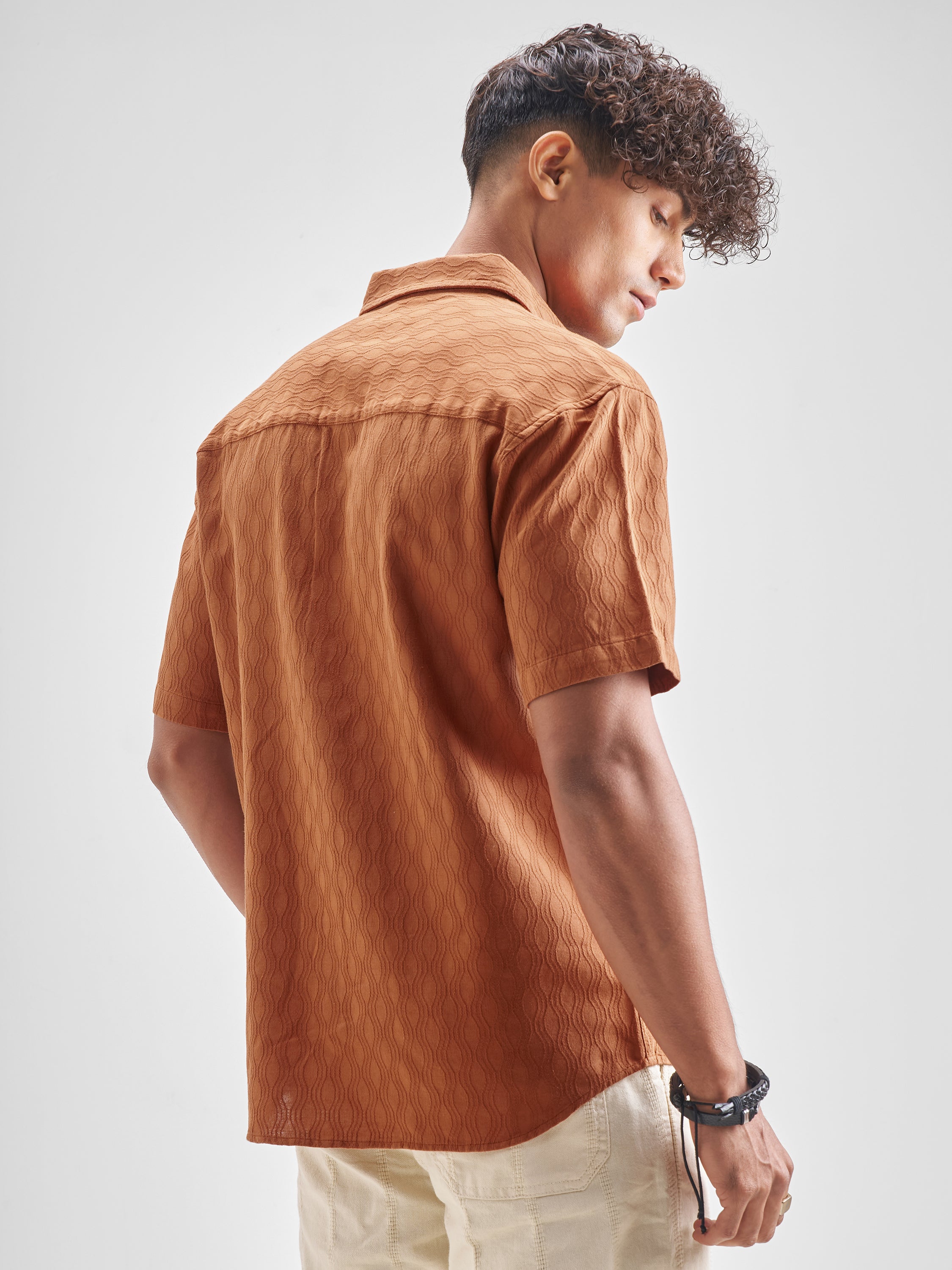 Highlander Men Rust Self Design Relaxed Fit Casual Shirt - Rust - Image 3