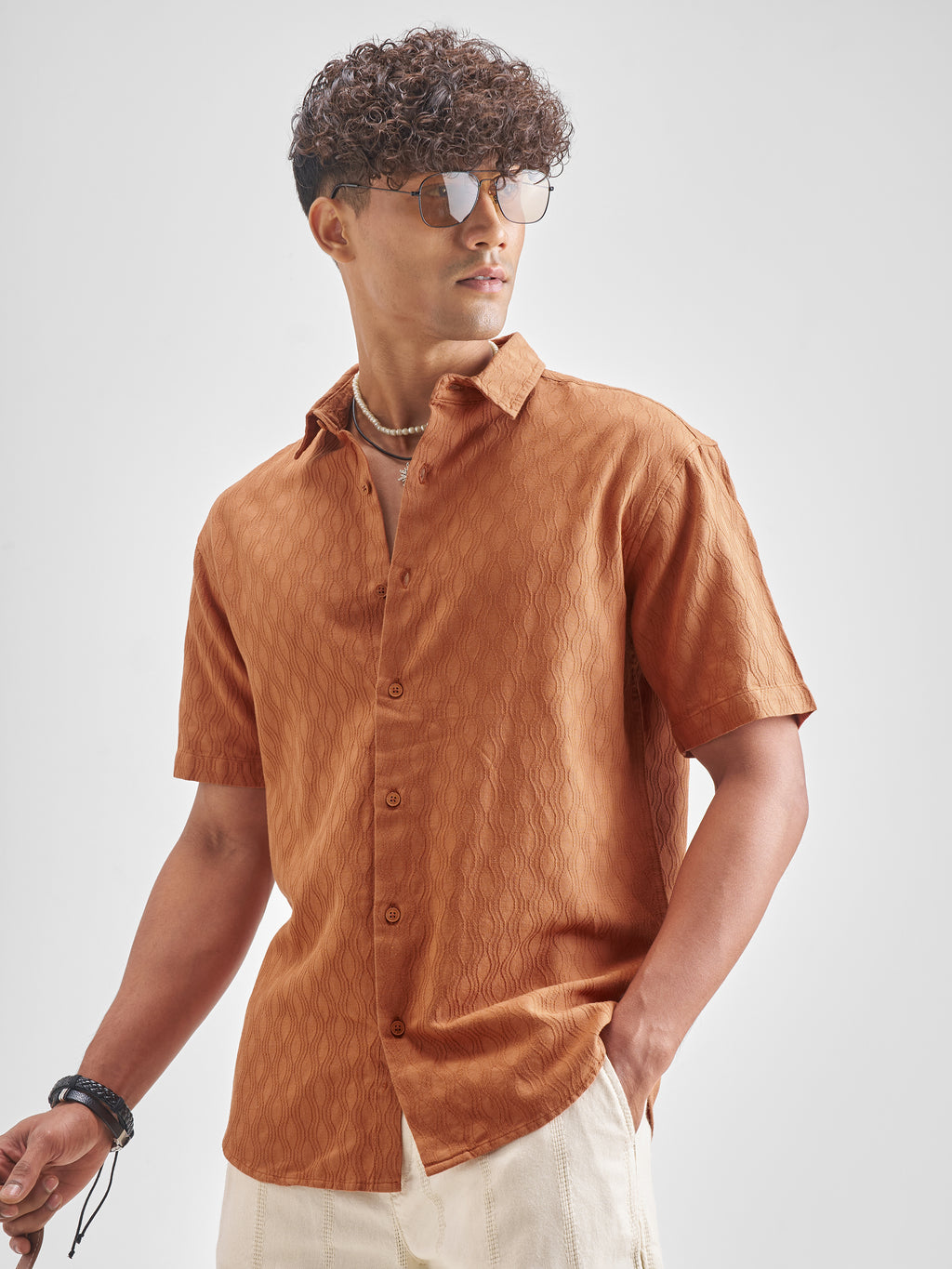Highlander Men Rust Self Design Relaxed Fit Casual Shirt - Rust - Image 4