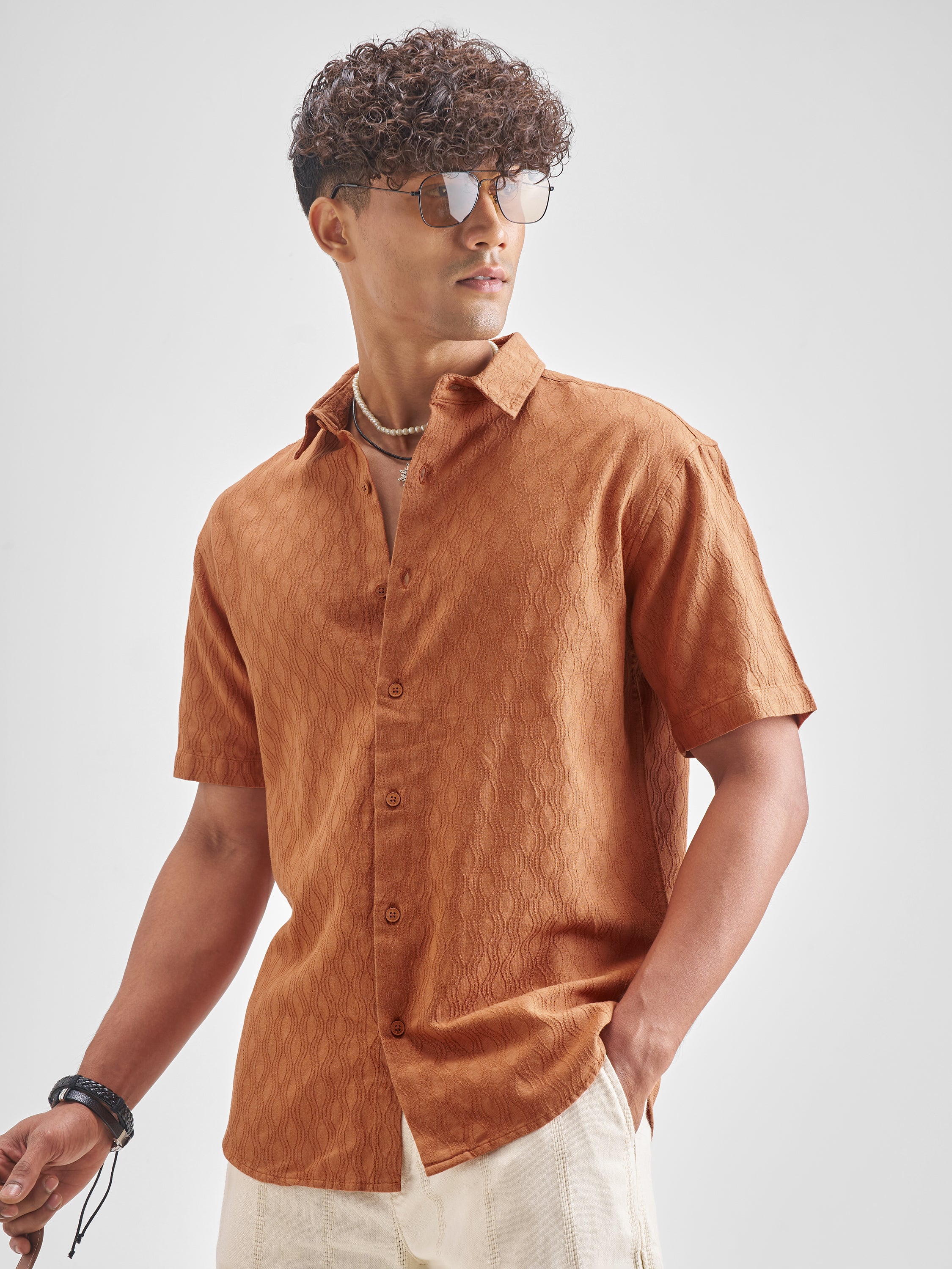 Highlander Men Rust Self Design Relaxed Fit Casual Shirt - Rust - Image 4