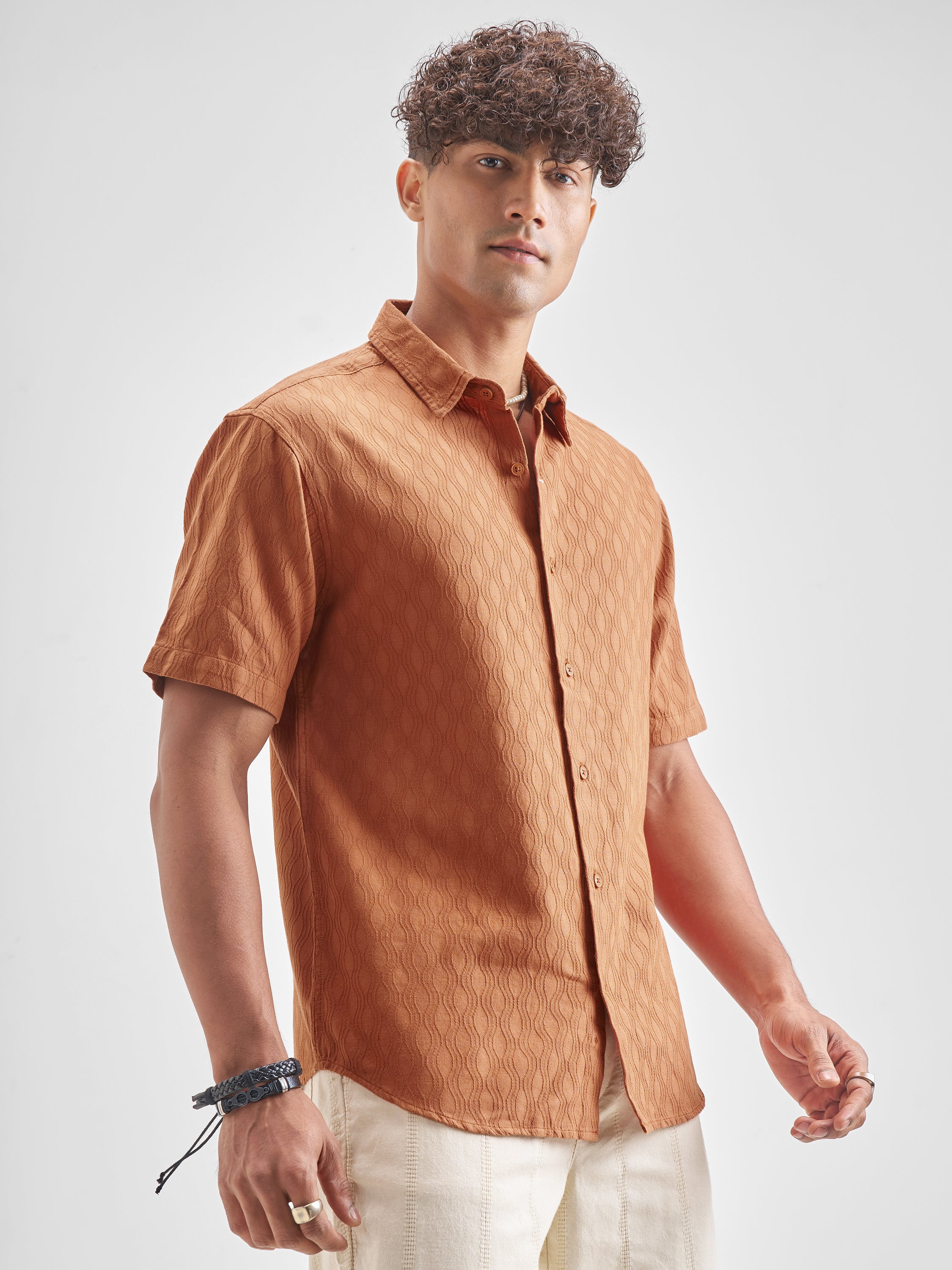 Highlander Men Rust Self Design Relaxed Fit Casual Shirt - Rust - Image 6