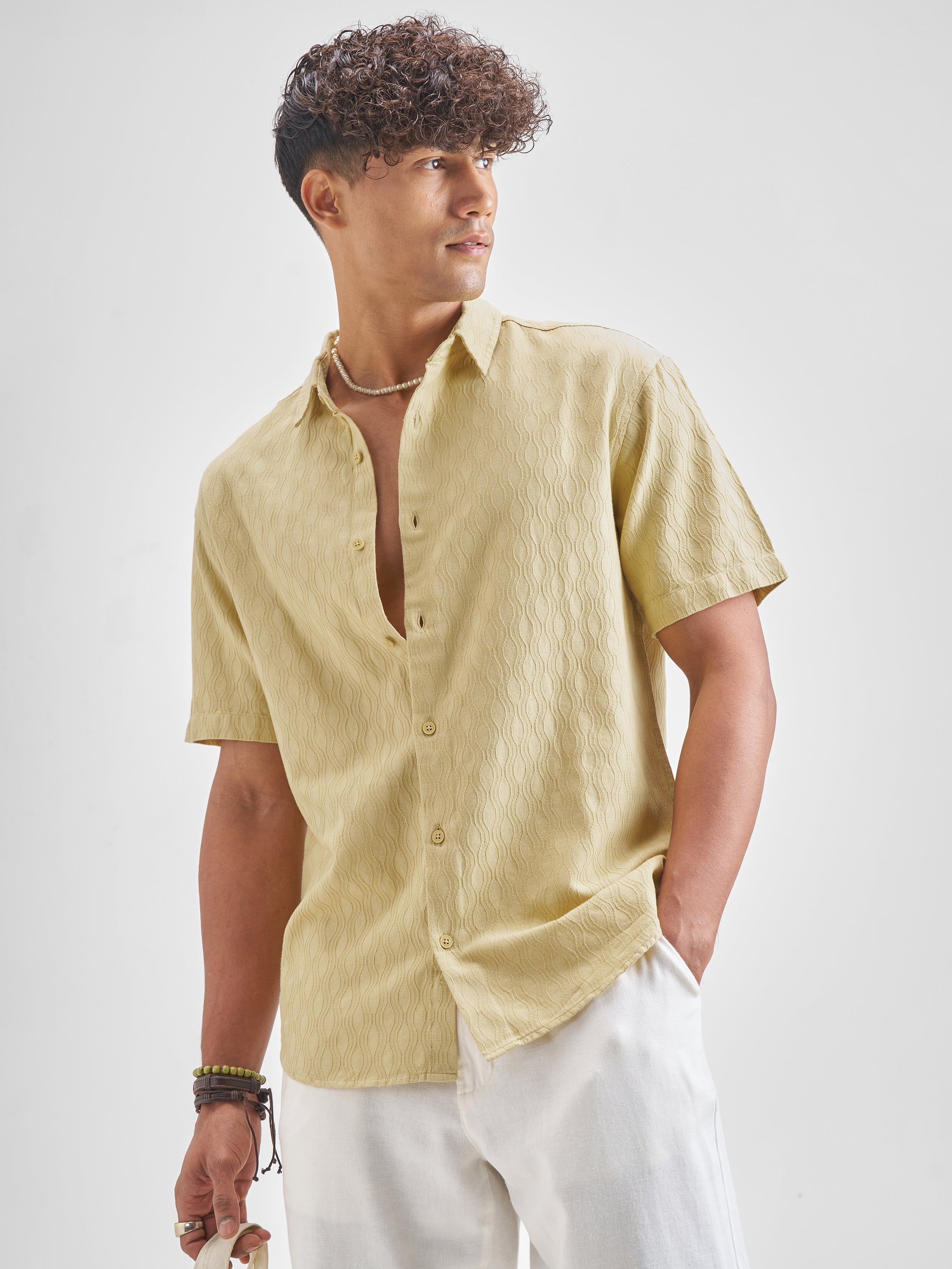 Highlander Men Yellow Self Desgin Relaxed Fit Casual Shirt - Yellow - Image 4