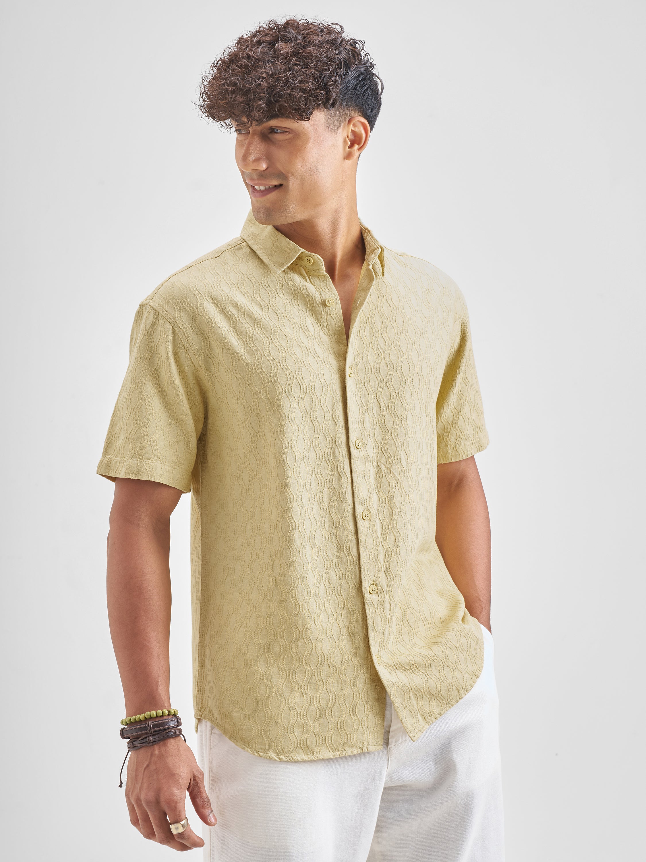 Highlander Men Yellow Self Desgin Relaxed Fit Casual Shirt - Yellow - Image 6