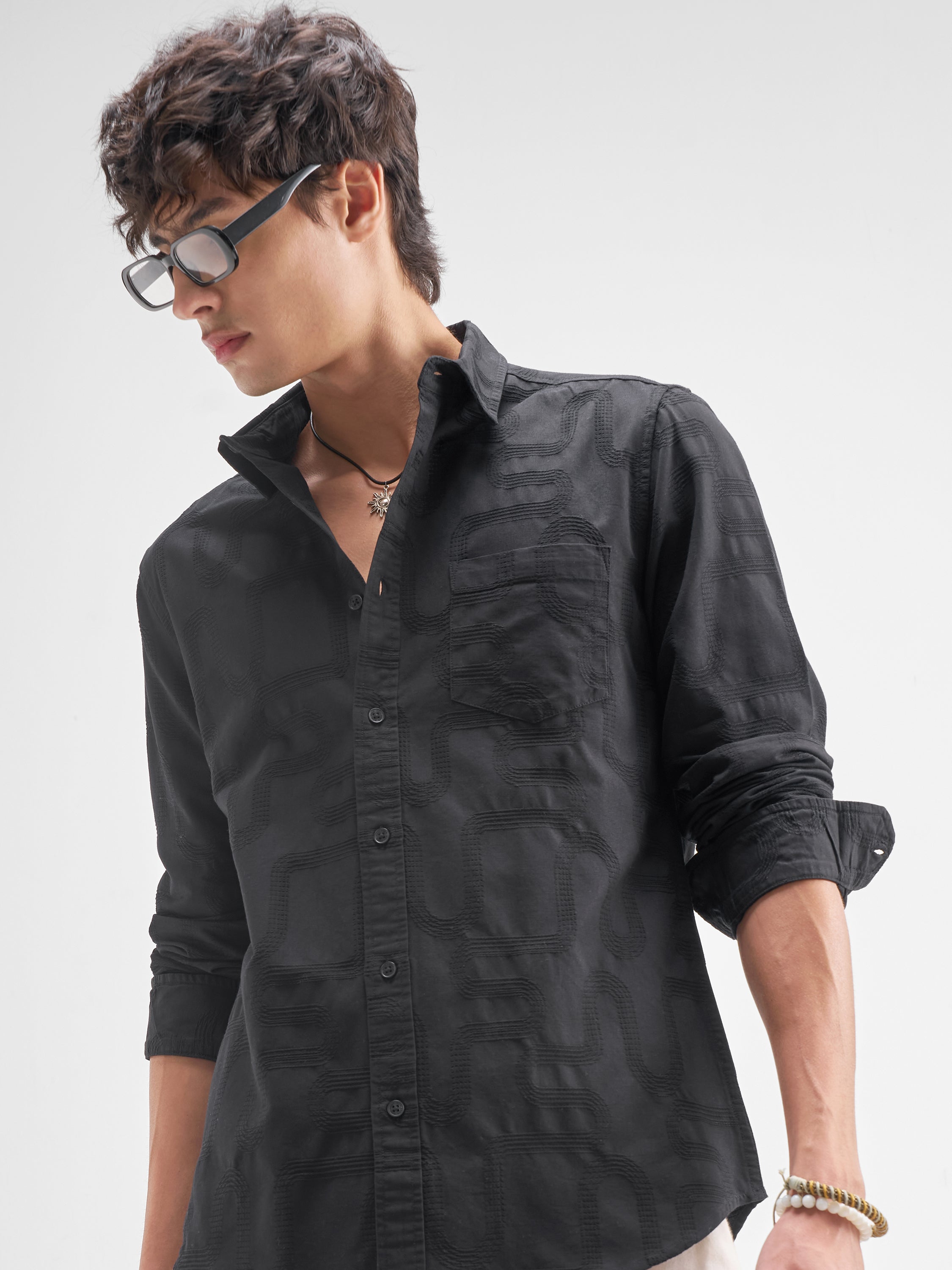Highlander Men Black Self Design Regular Fit Casual Shirt - Black - Image 1