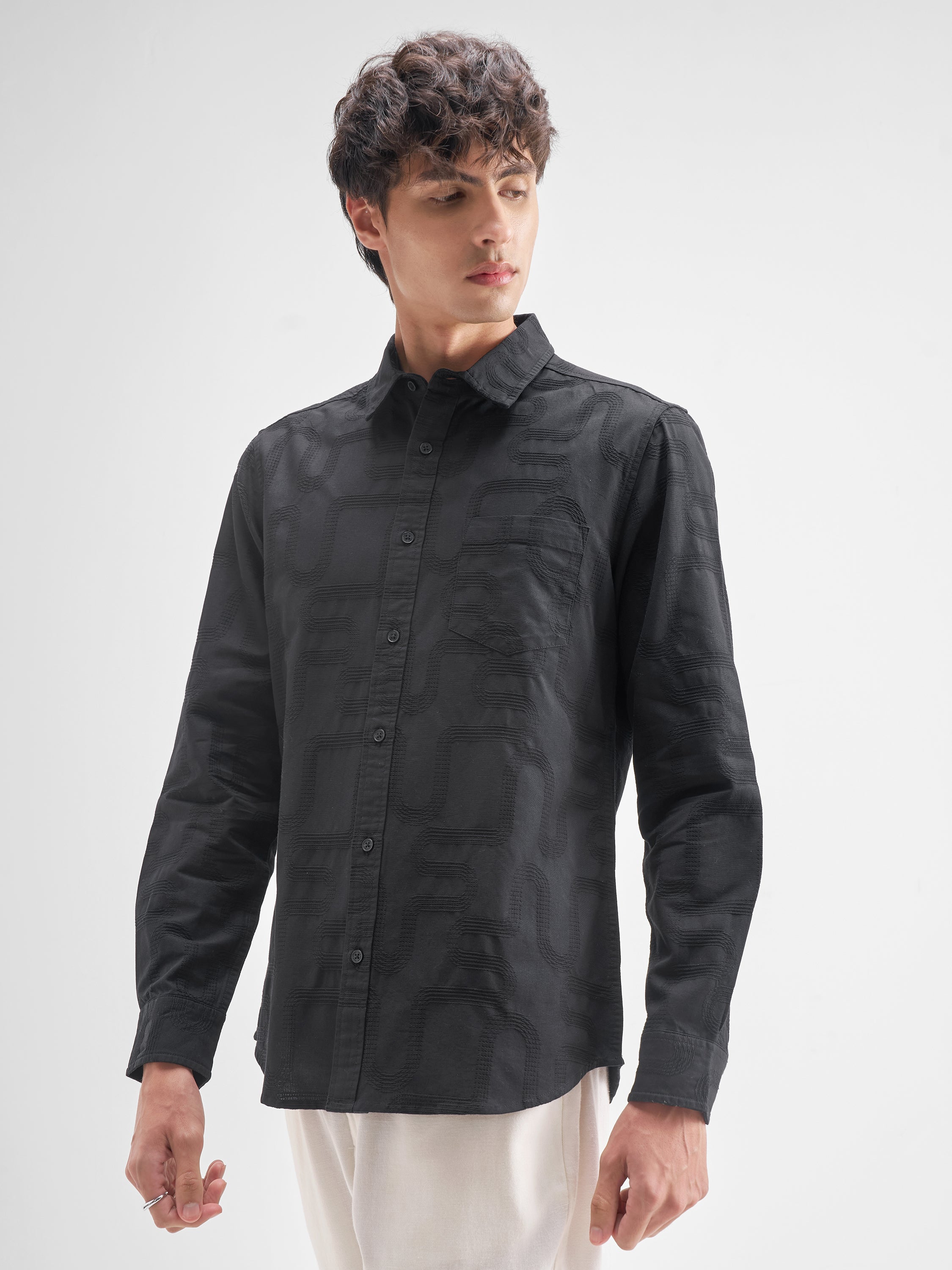 Highlander Men Black Self Design Regular Fit Casual Shirt - Black - Image 4