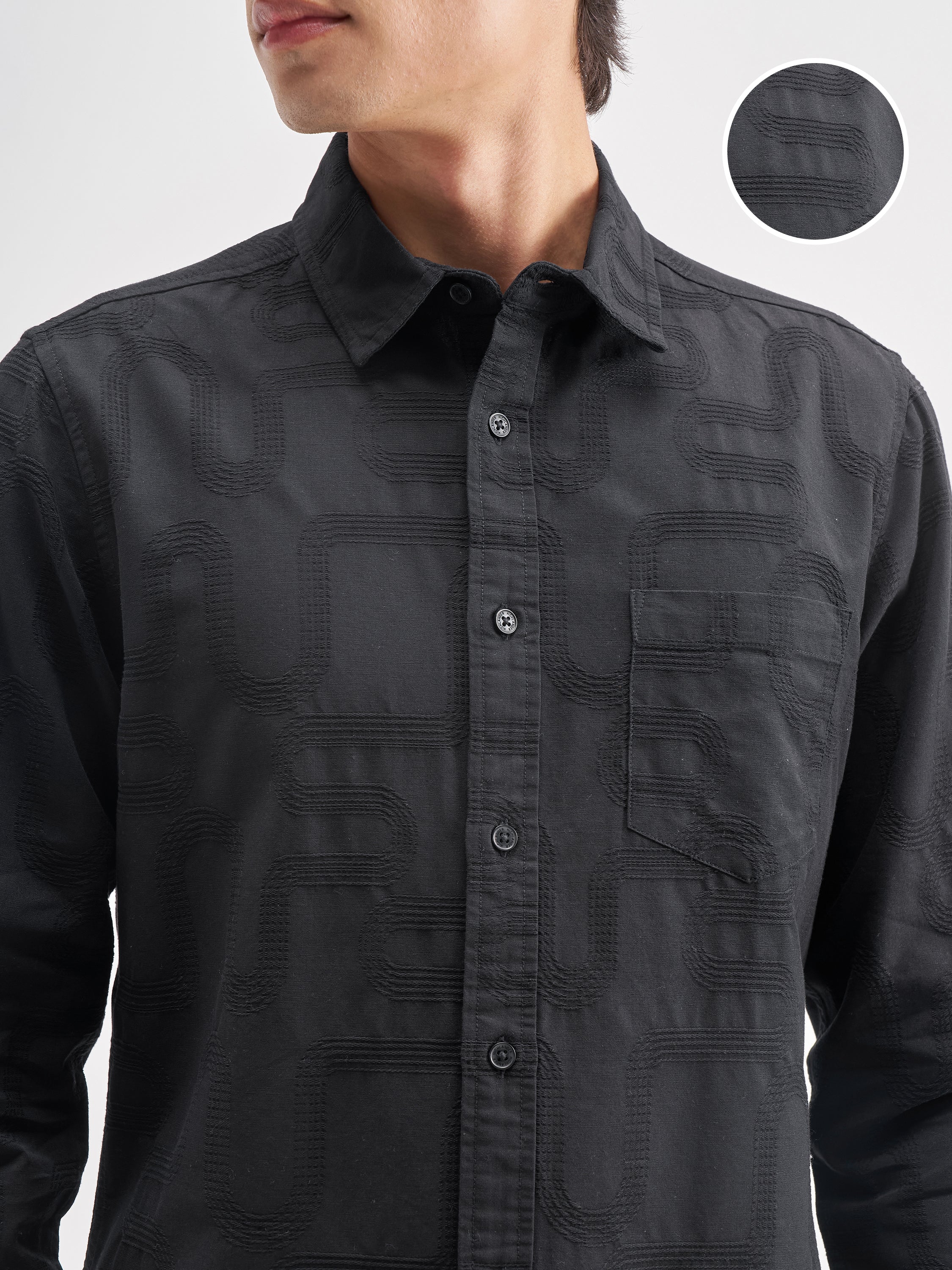 Highlander Men Black Self Design Regular Fit Casual Shirt - Black - Image 5