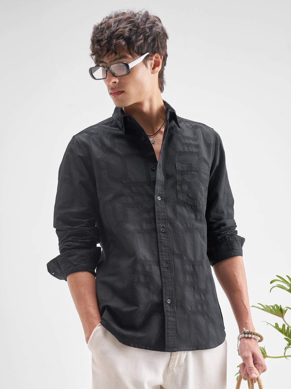 Highlander Men Black Self Design Regular Fit Casual Shirt - Black - Image 6