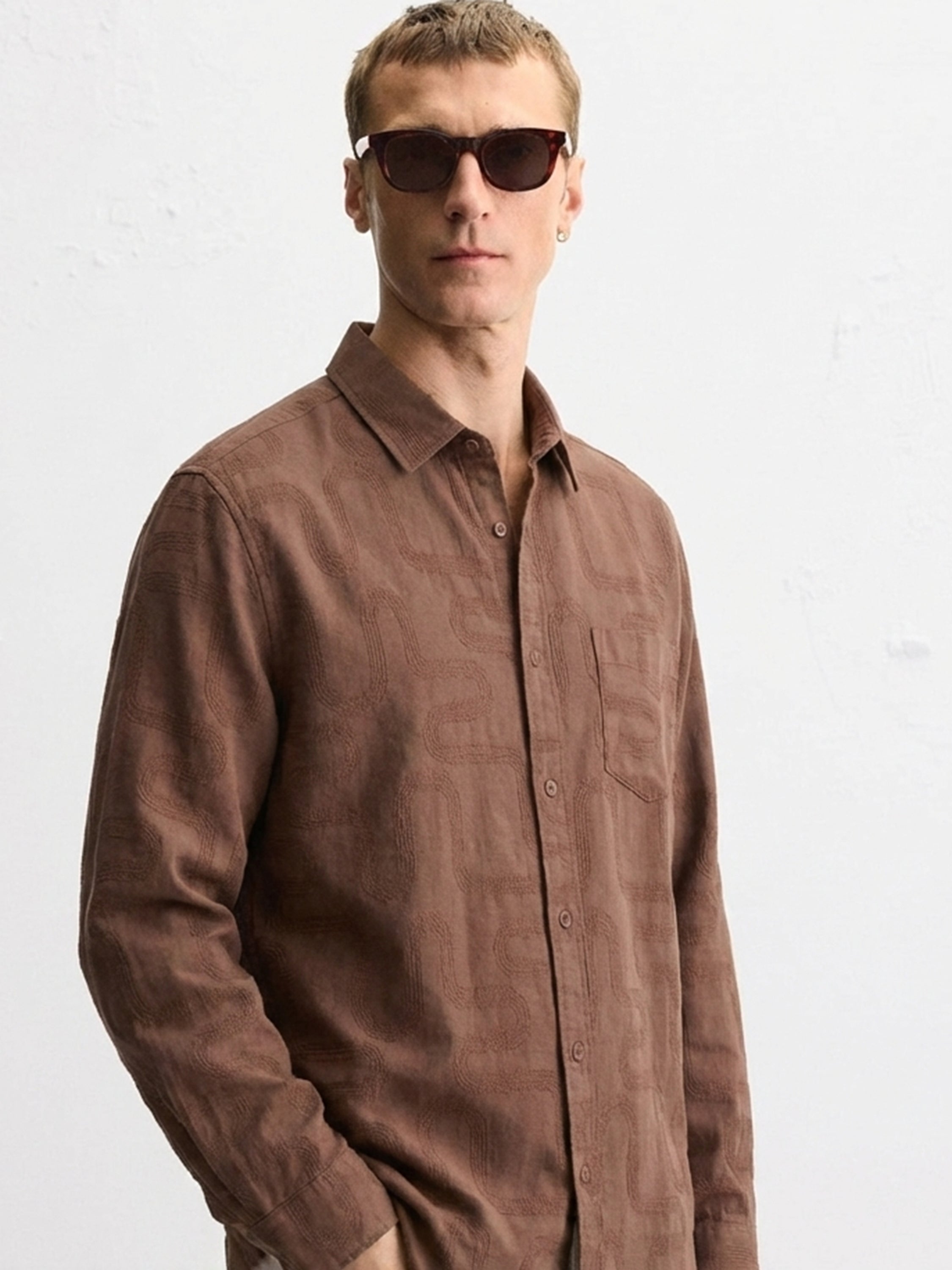 Highlander Men Brown Self Desgin Slim Fit Casual Shirt - Brown - Image 1