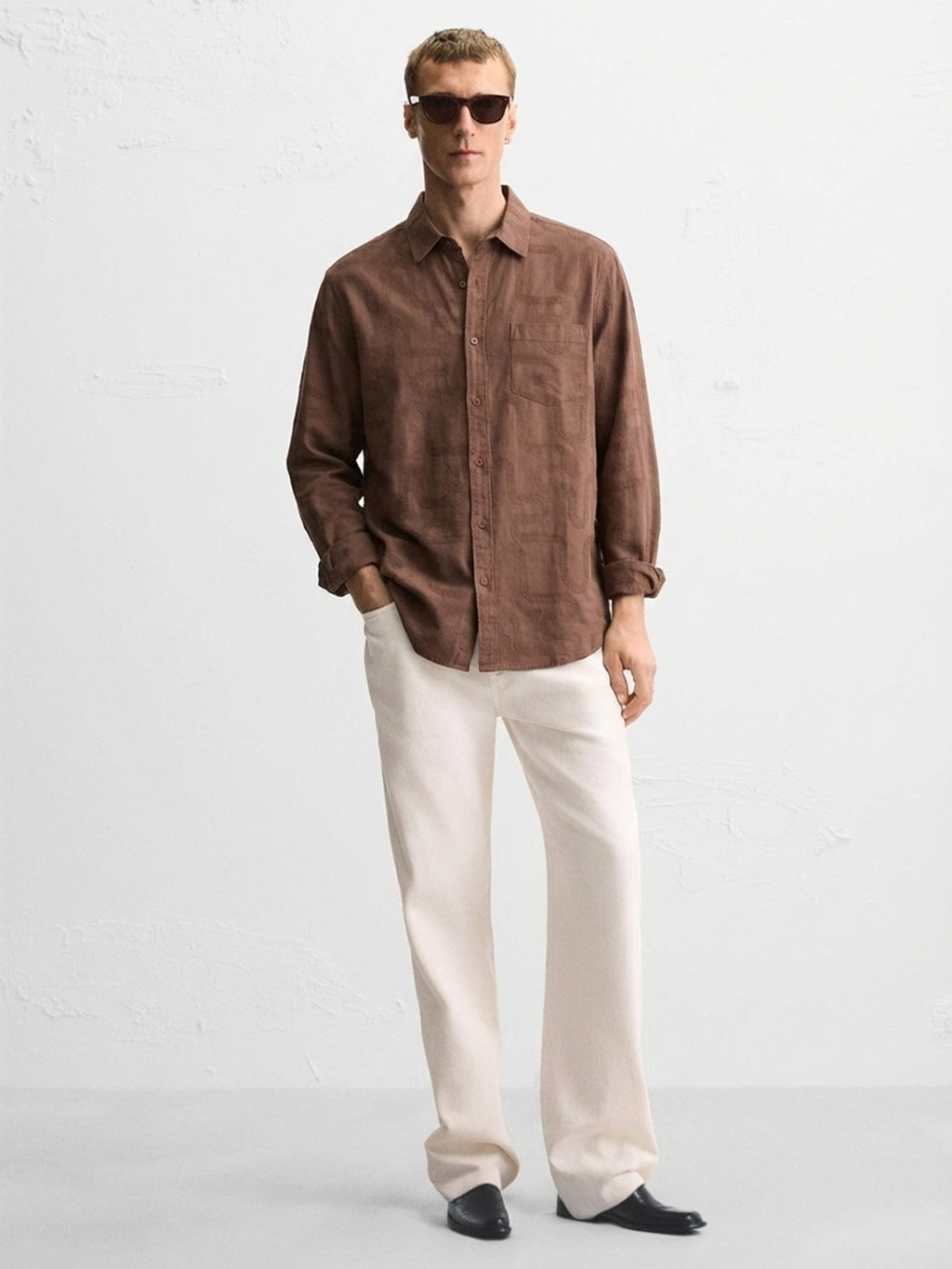 Highlander Men Brown Self Desgin Slim Fit Casual Shirt - Brown - Image 3