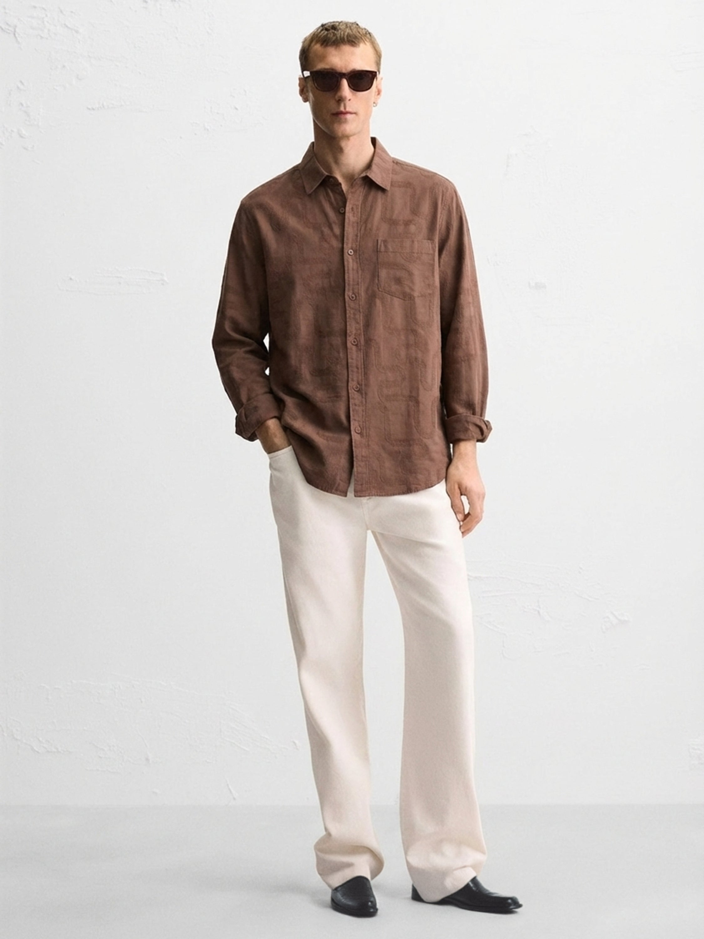 Highlander Men Brown Self Desgin Slim Fit Casual Shirt - Brown - Image 3