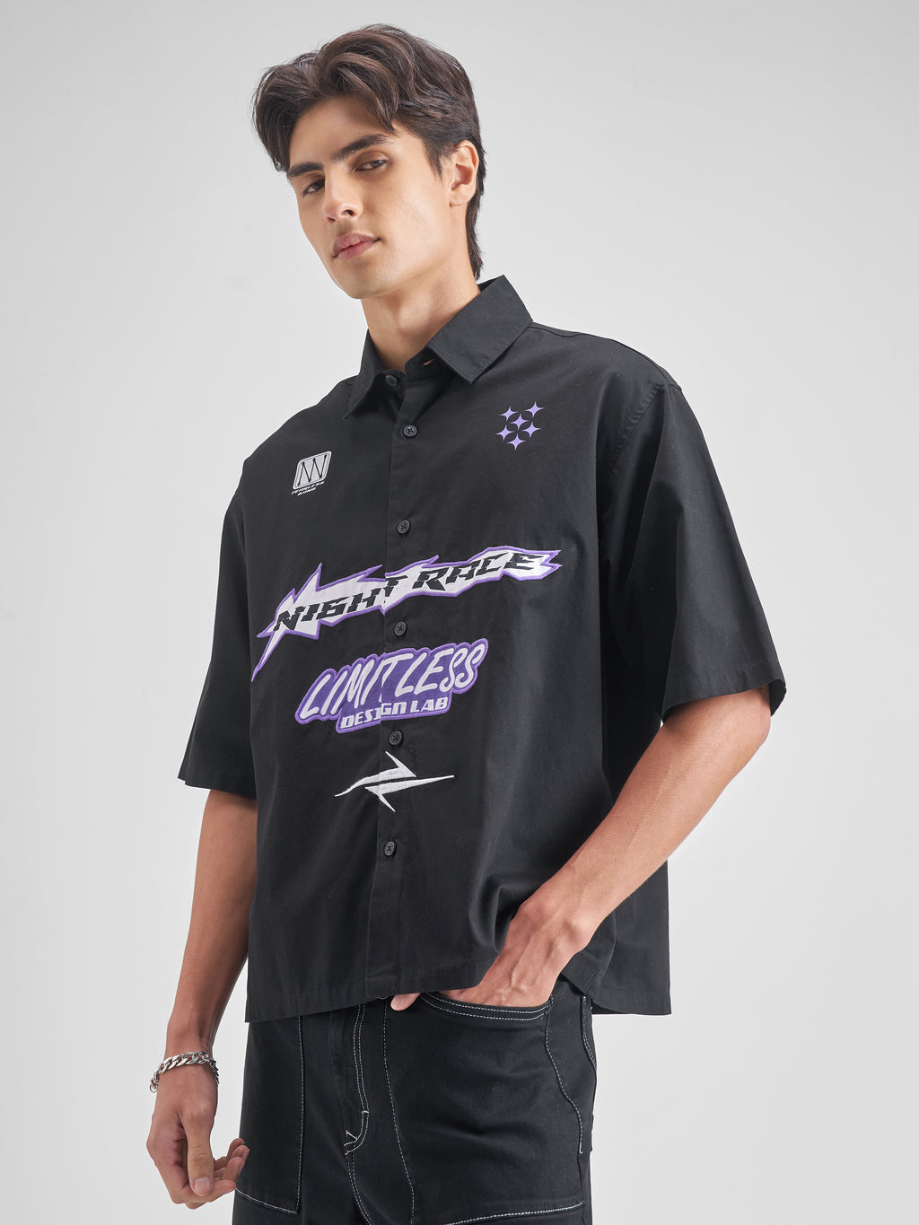 Highlander Men Black Embroidered Boxy Fit Casual shirt - Black - Image 4
