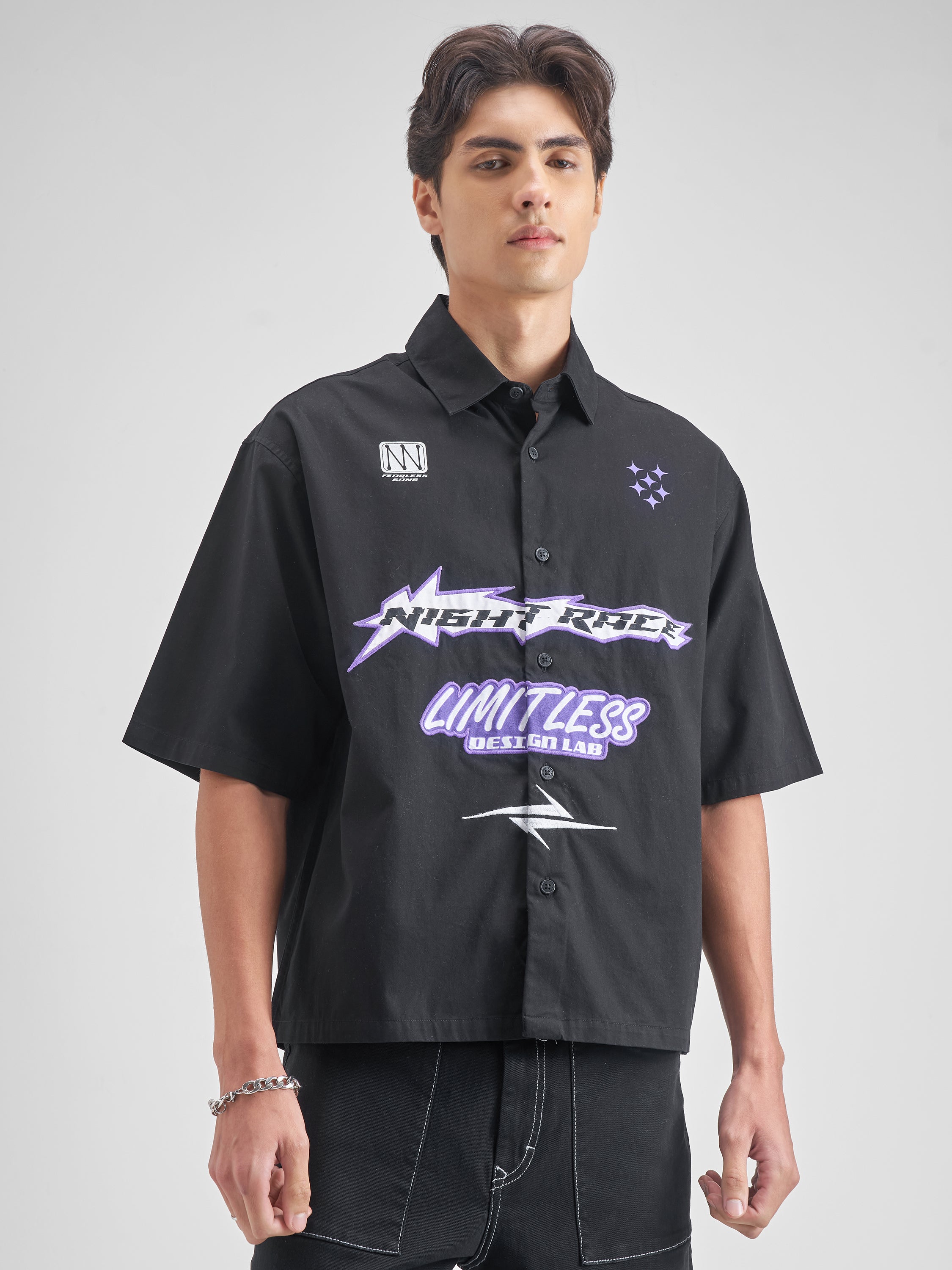 Highlander Men Black Embroidered Boxy Fit Casual shirt - Black - Image 6