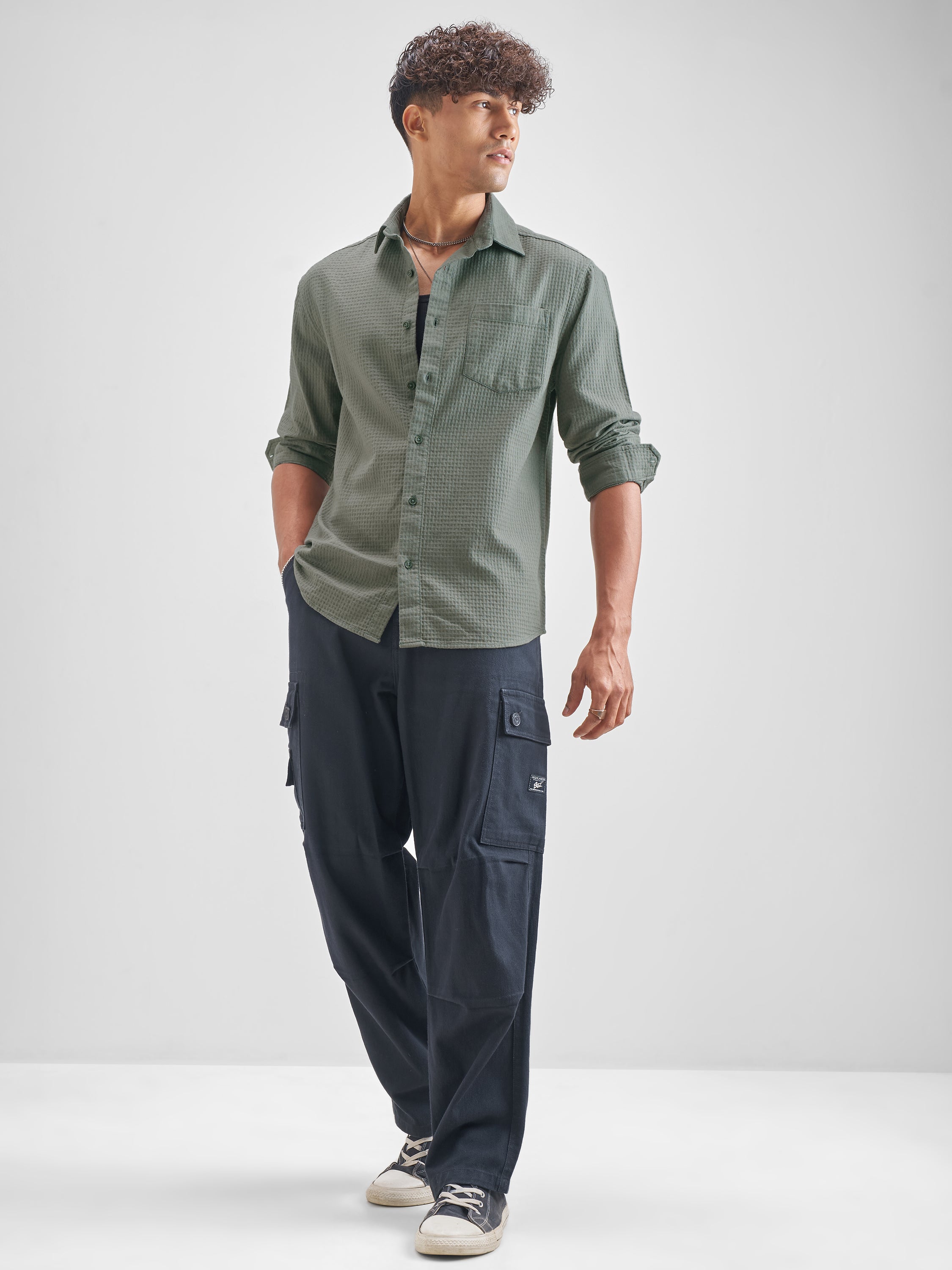 Highlander Men Olive Self Design Relaxed Fit Casual Shirt - Olive - Image 2