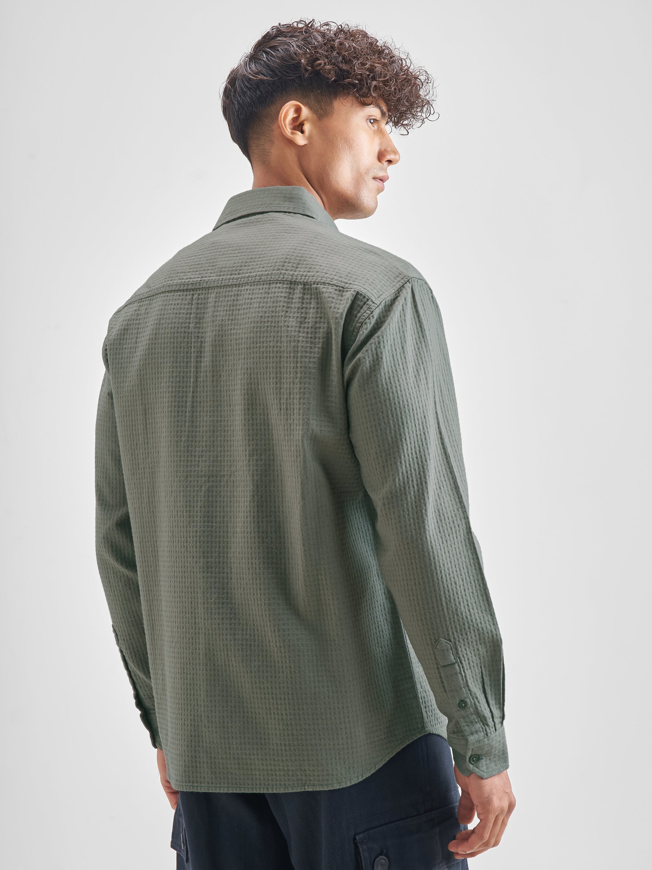 Highlander Men Olive Self Design Relaxed Fit Casual Shirt - Olive - Image 3