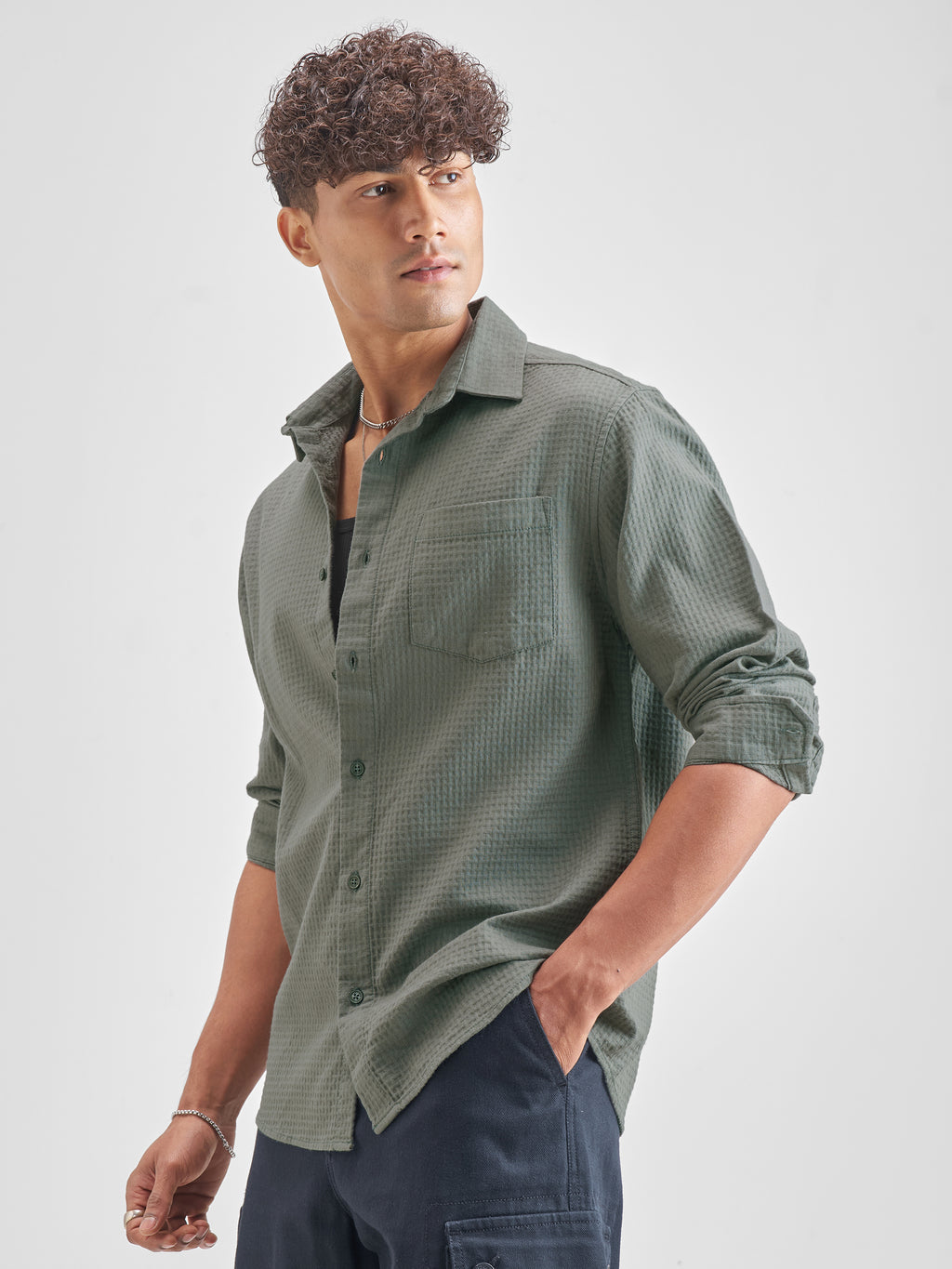 Highlander Men Olive Self Design Relaxed Fit Casual Shirt - Olive - Image 4