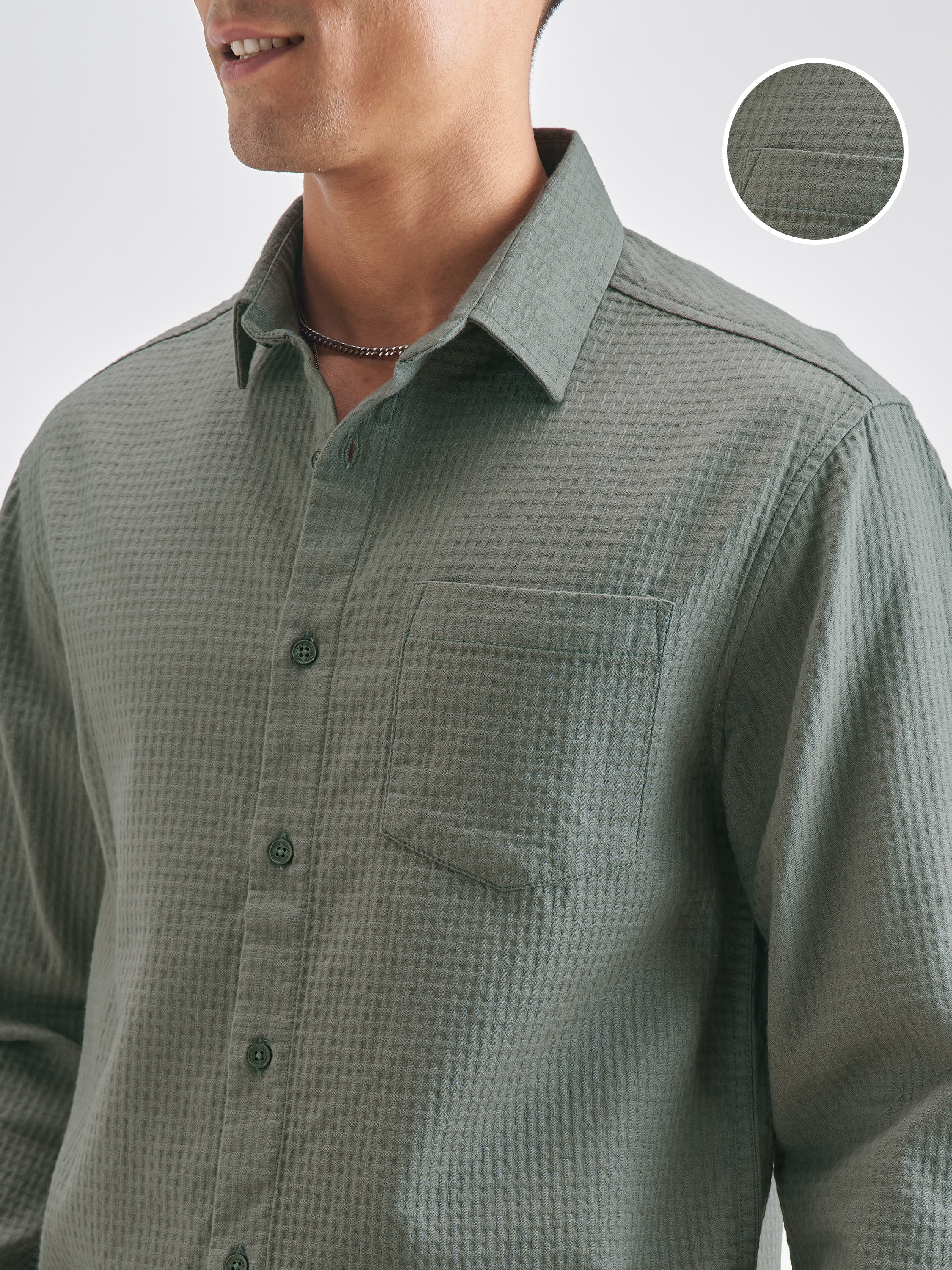 Highlander Men Olive Self Design Relaxed Fit Casual Shirt - Olive - Image 5